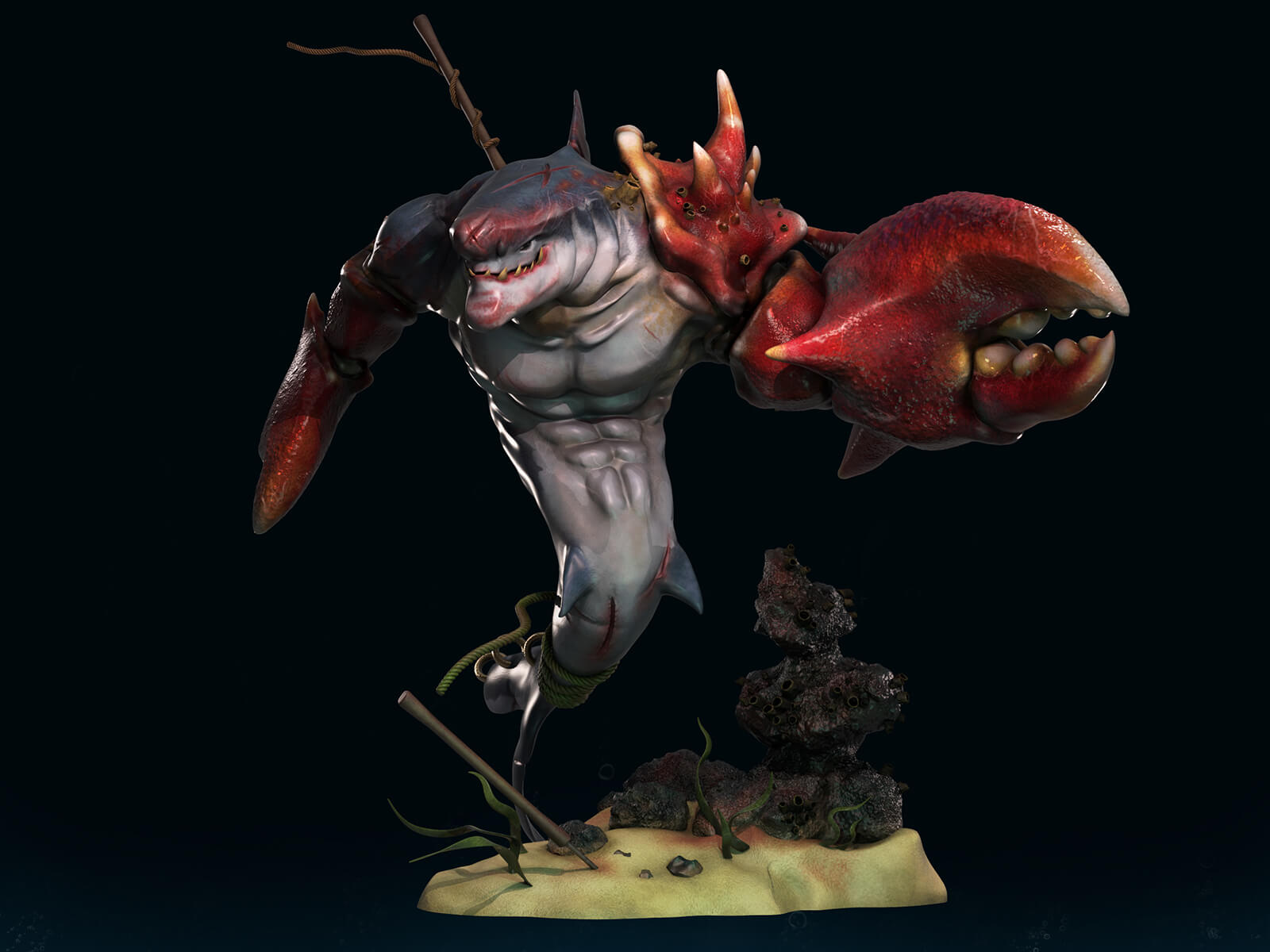 A creature with a dolphin's head and lobster claws