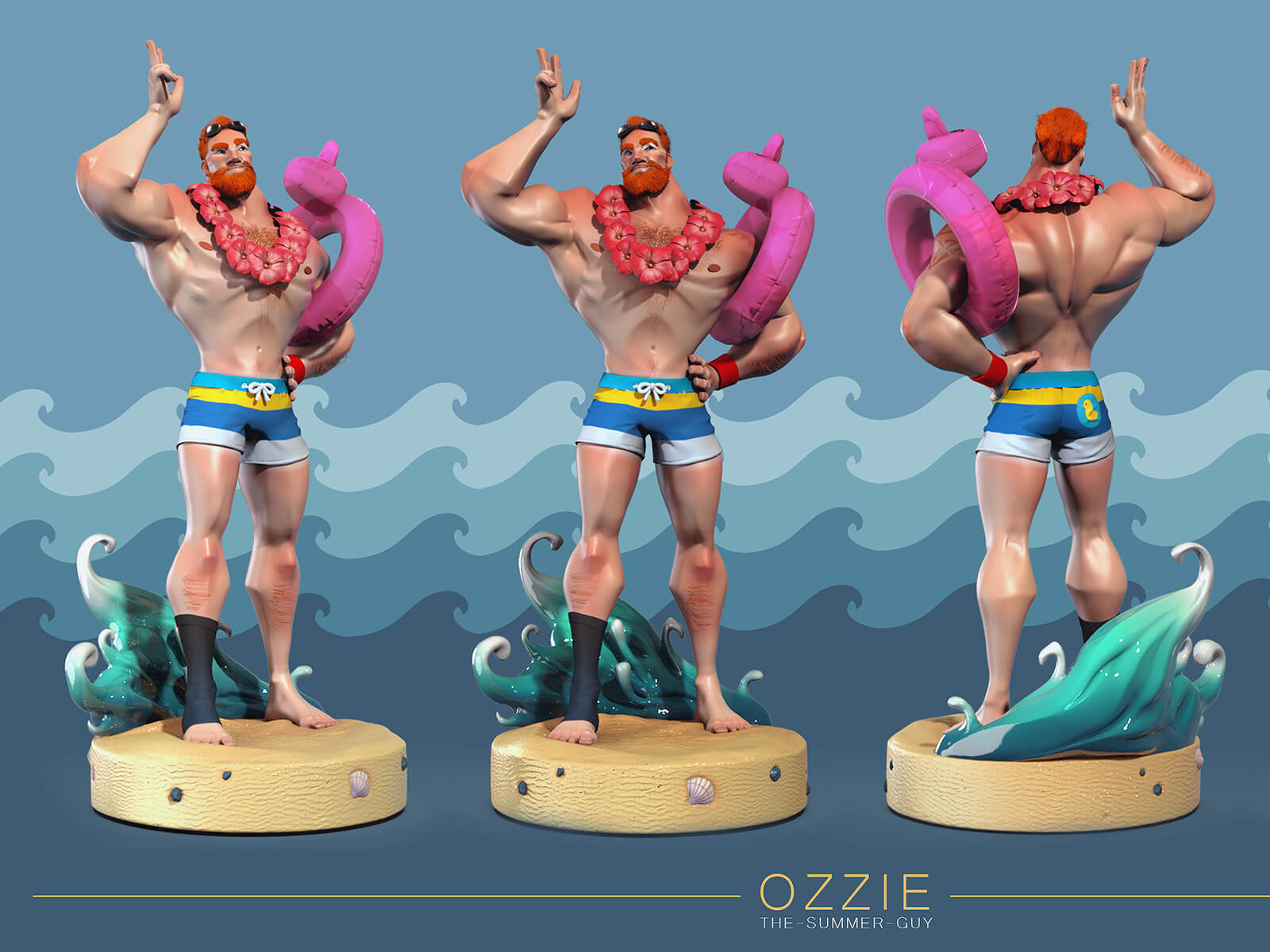 Multiple views of a muscular man wearing swimming trunks and a lei