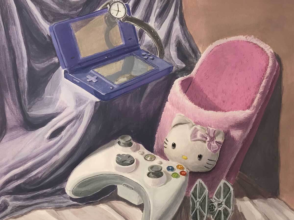Painting of a game controller, pink slipper, and Nintendo DS.