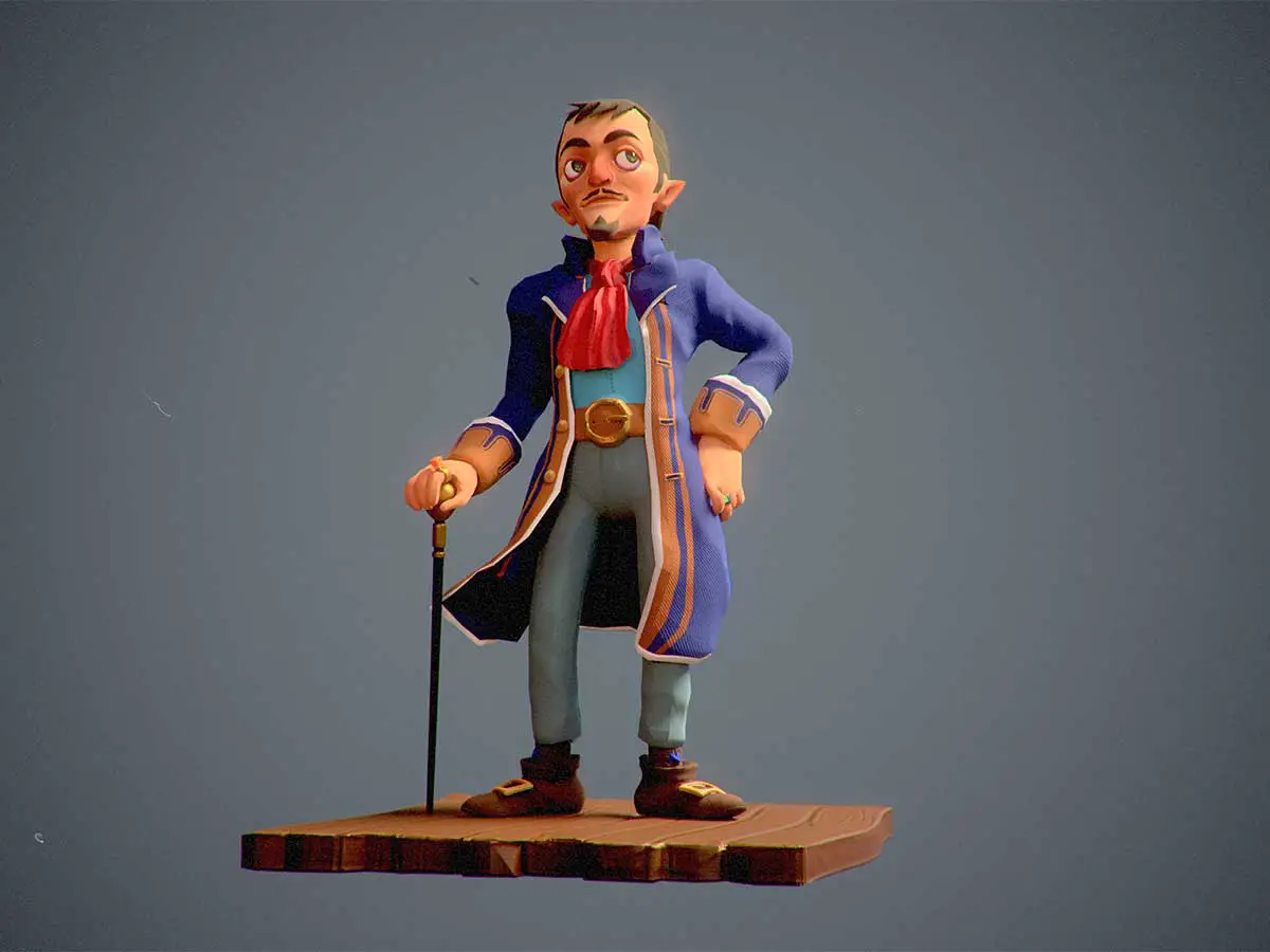 A 3D model of a man wearing a blue coat and holding a cane.