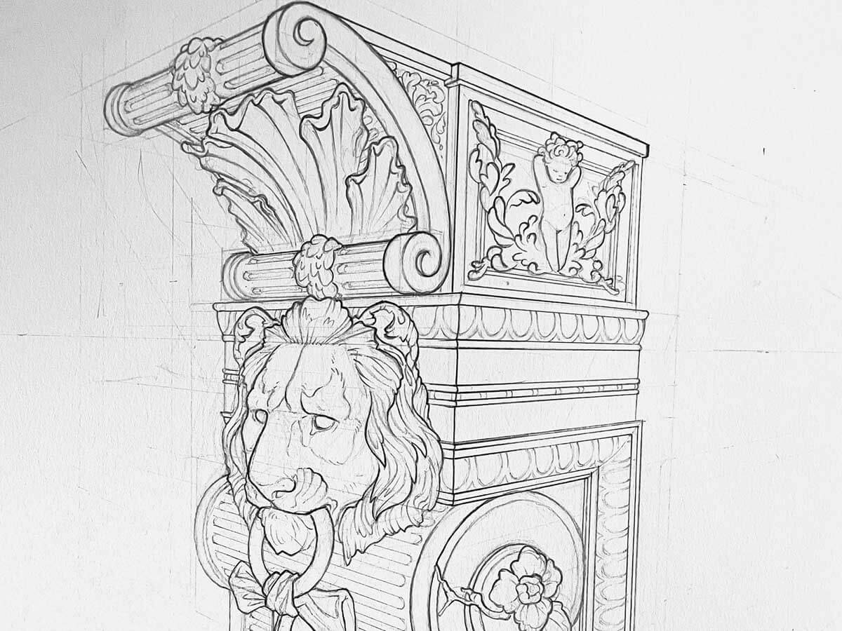 Sketch of a fancy engraved pillar with a sculpted lion head.