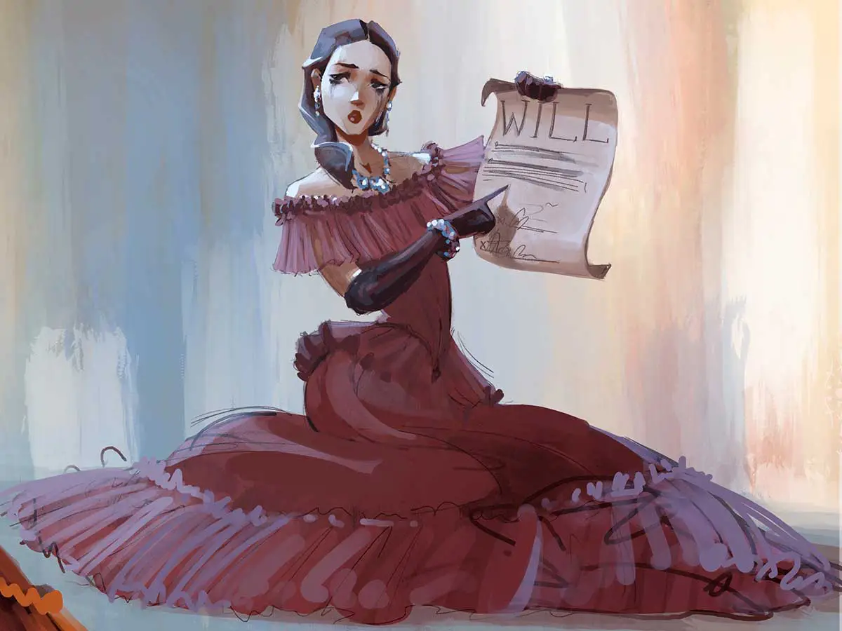 A painting of a woman in a red dress.