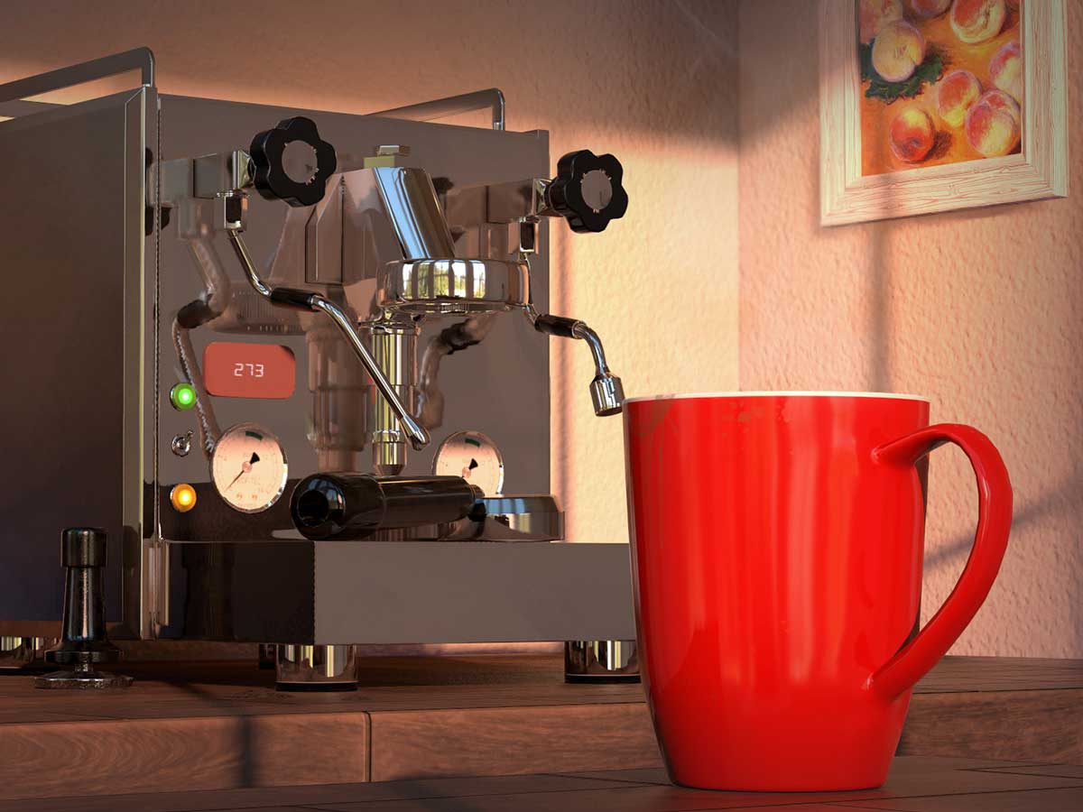 An espresso machine next to a red mug.