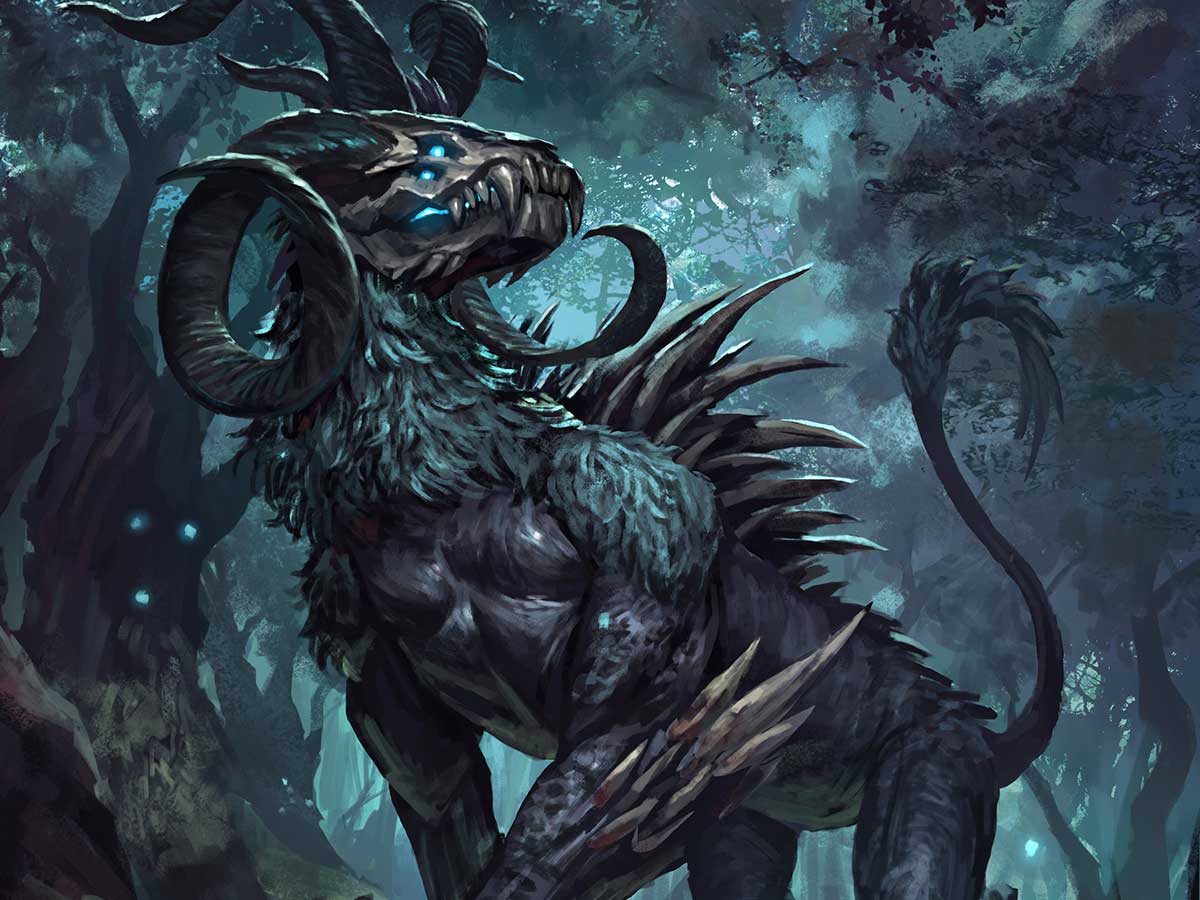 A threatening, 4-legged creature stands in a gloomy forest