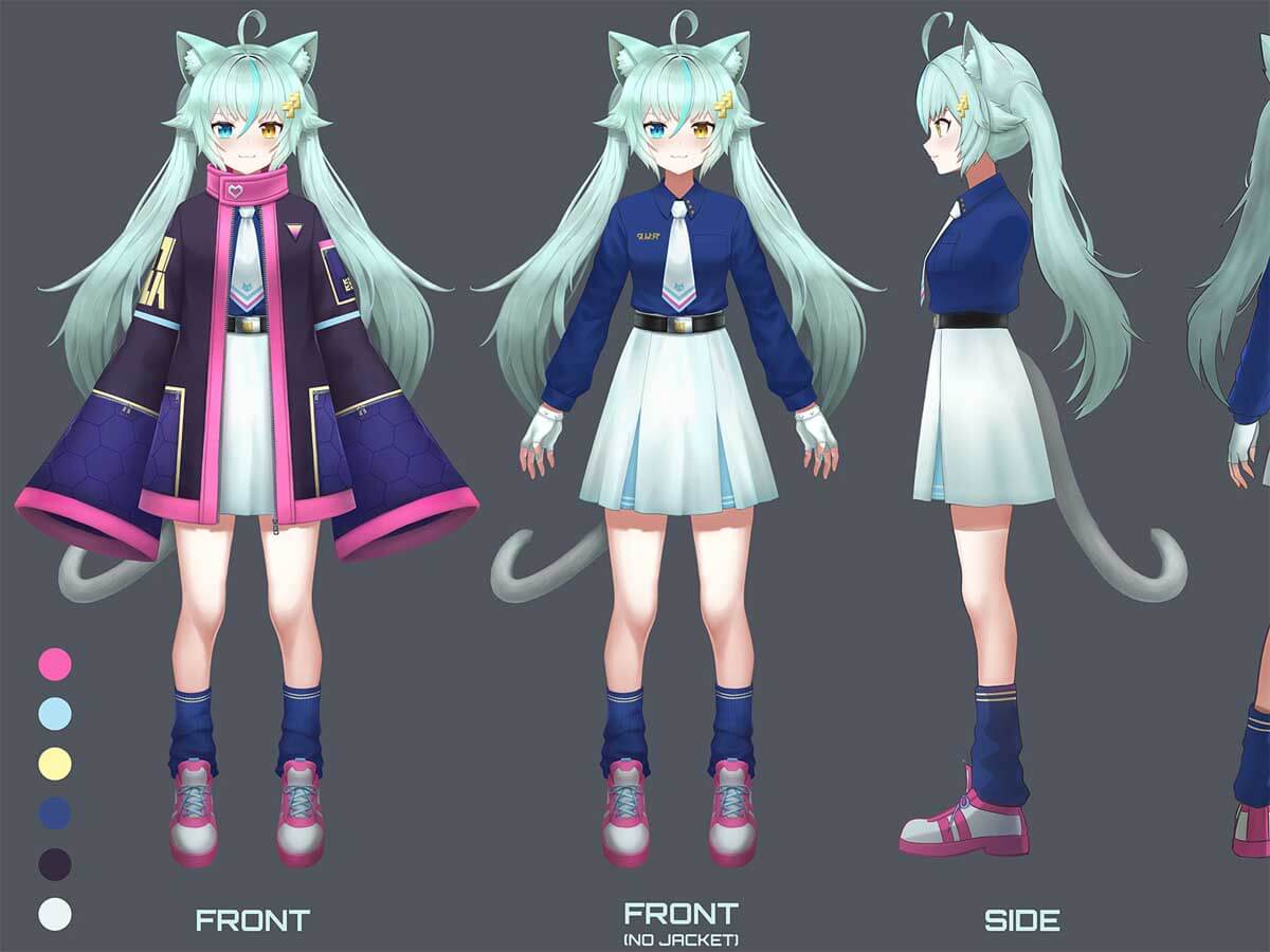 Character sheet for an anime-style girl with cat ears and a tail.