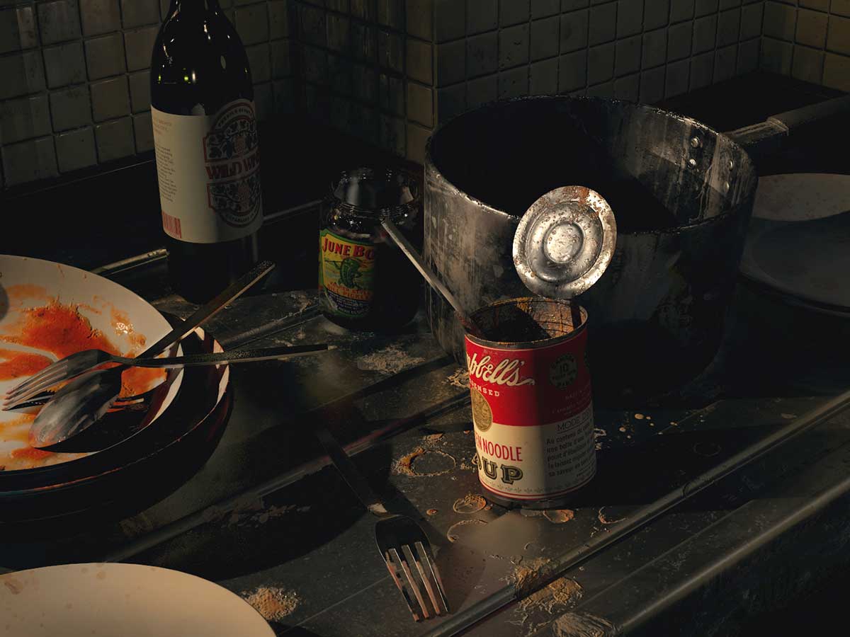 A messy kitchen with dirty pots and empty cans.
