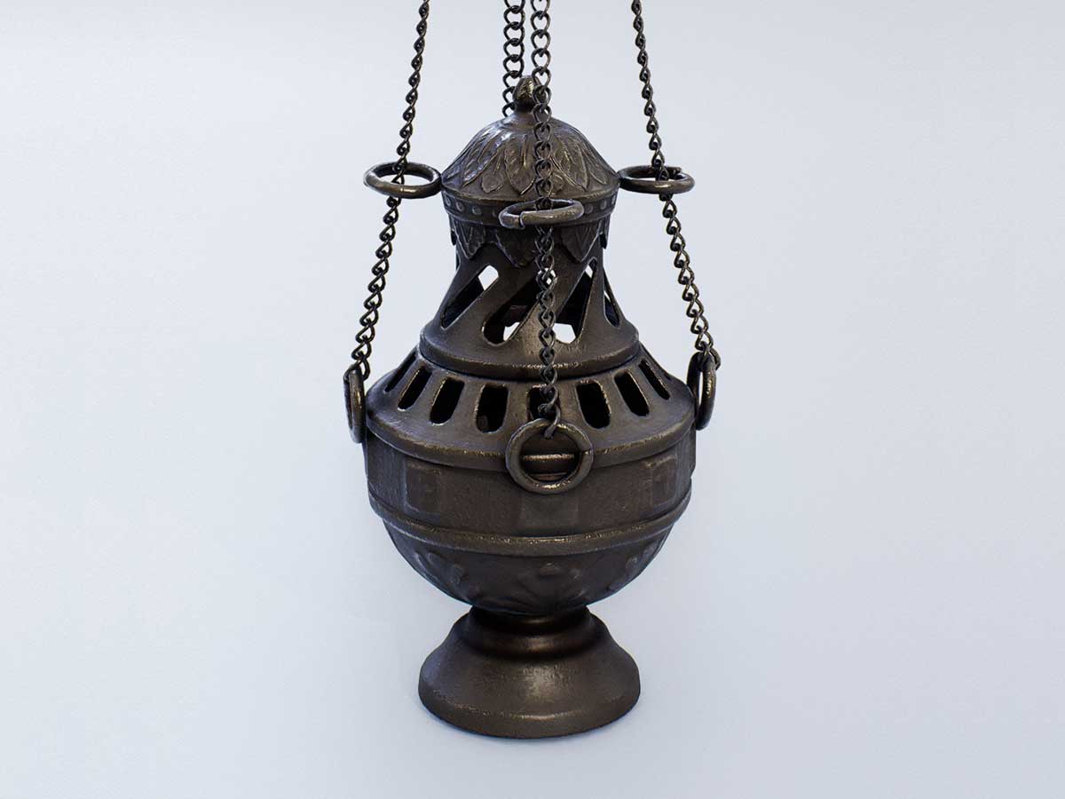 3D model of a tarnished brass incense dispenser held by chains