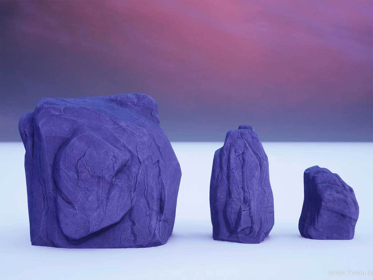 Digital model of 3 purple boulders of varying sizes.