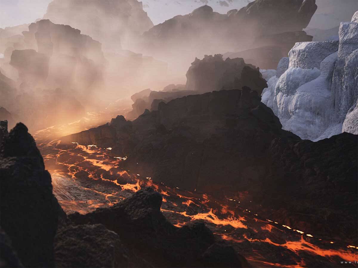 A river of lava surrounded by volcanic rock and ice caps.