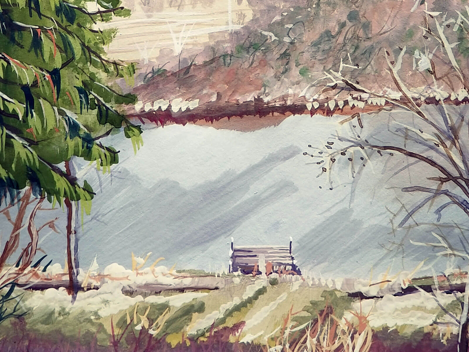 Painting of a lake and a dock
