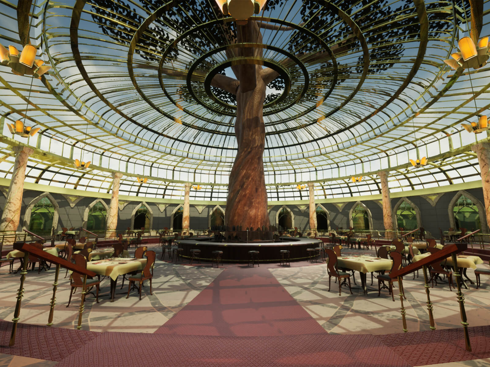 A large dining area with a tree growing through the glass roof