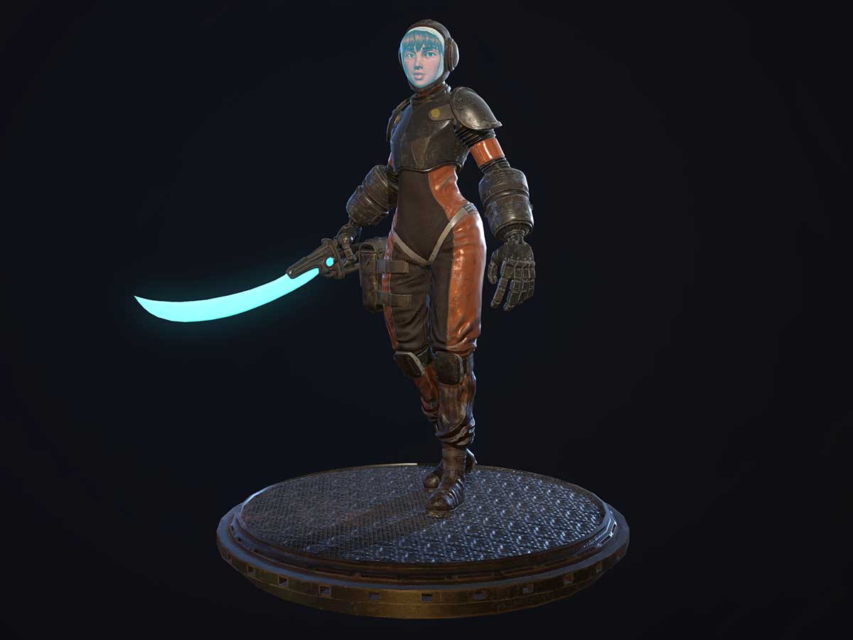 A woman wearing a futuristic spacesuit wielding a glowing sword.