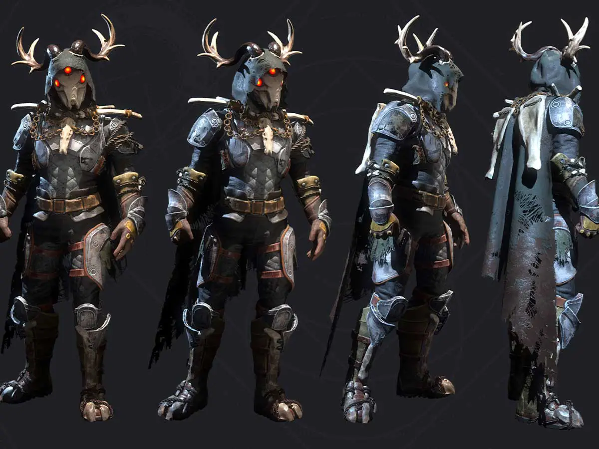 A 3D model with many angles of a suit of armor with horns and cape.