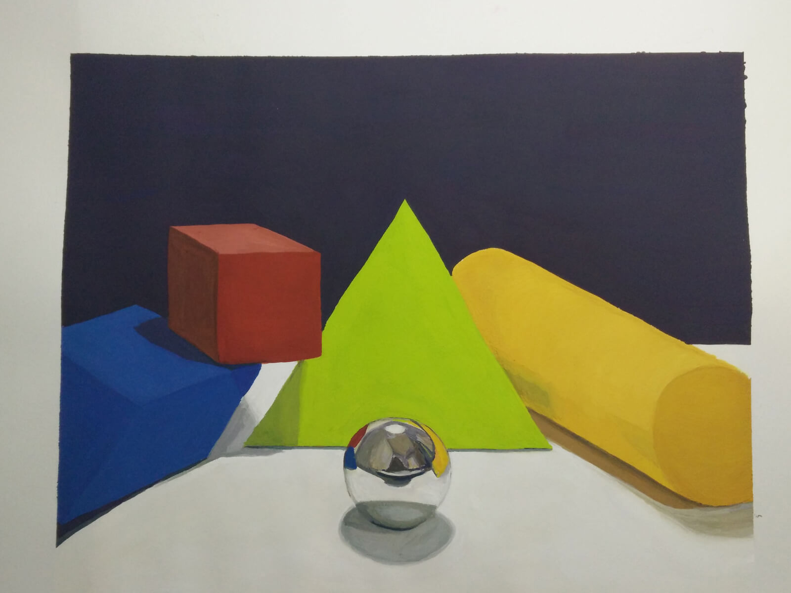 still-life traditional painting of a silver ball surrounded by primary-colored blocks in various geometric shapes