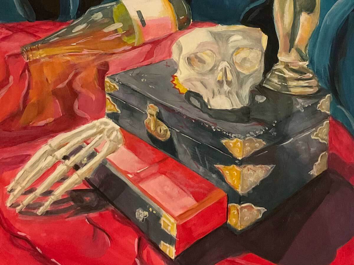 Painting of a skull, skeleton hand, a bottle, and boxes on a red tarp.