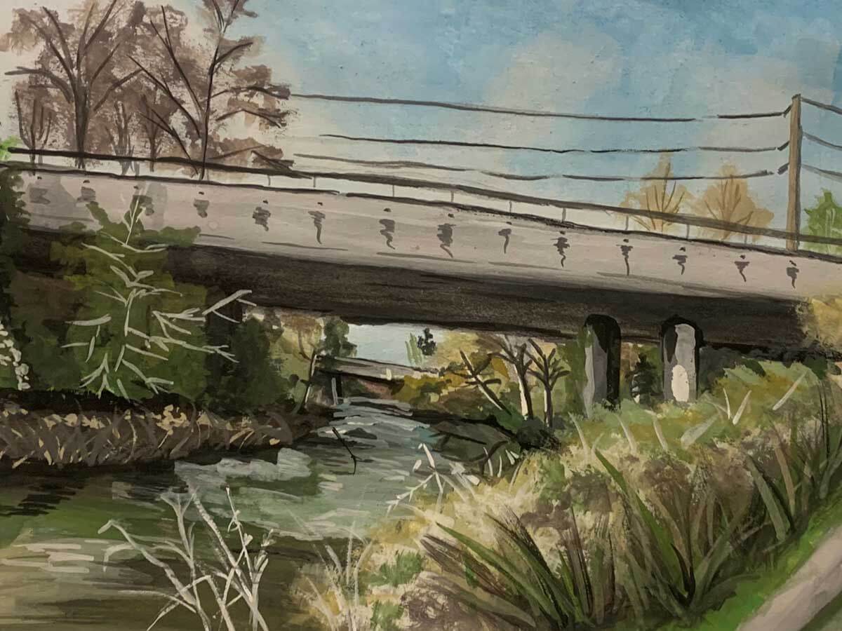 Painting of a bridge passing over a river.