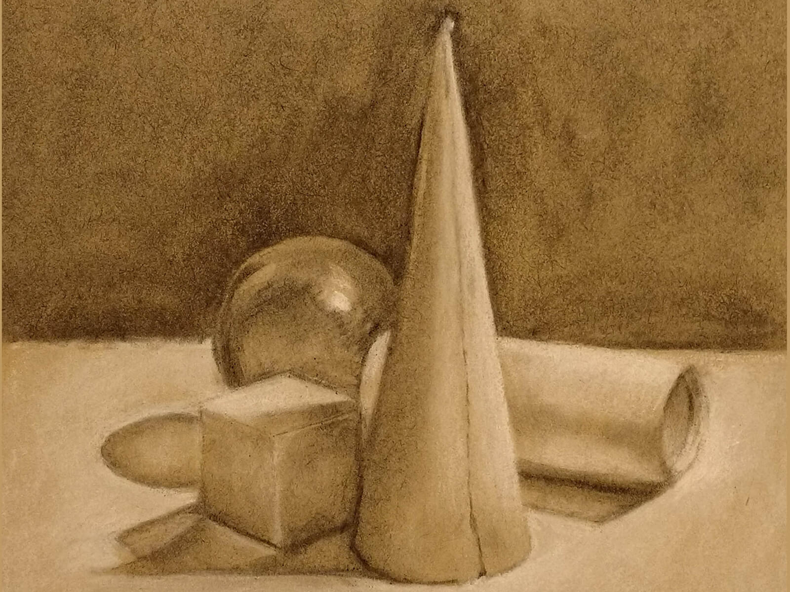 still-life, monochromatic drawing of a shiny ball and blocks in various geometric shapes