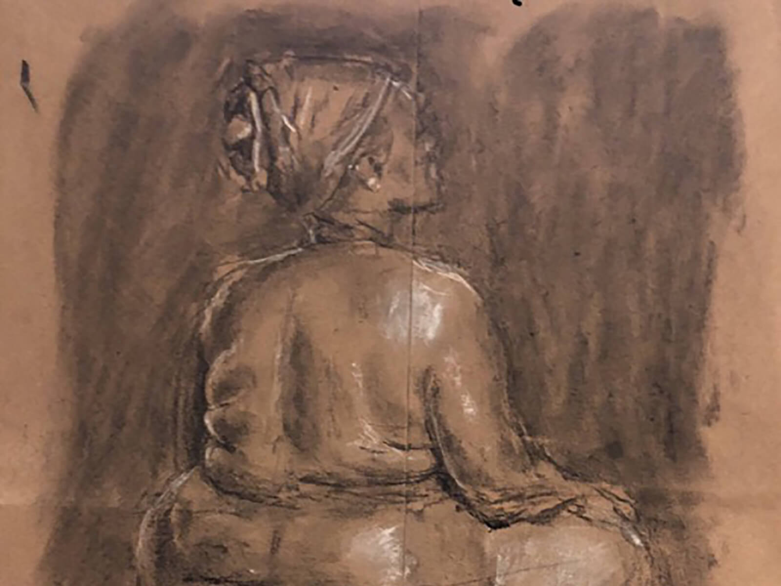 Drawing of a woman, hands on knees, sitting with her back to the artist