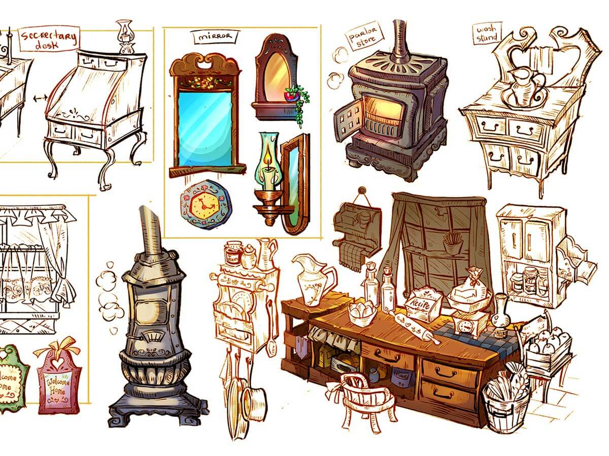 Drawings of various household furniture and appliances.