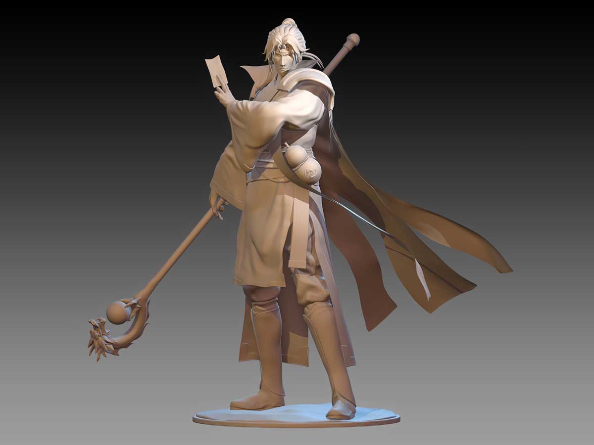 3D model of a man wielding a staff and paper ticket.