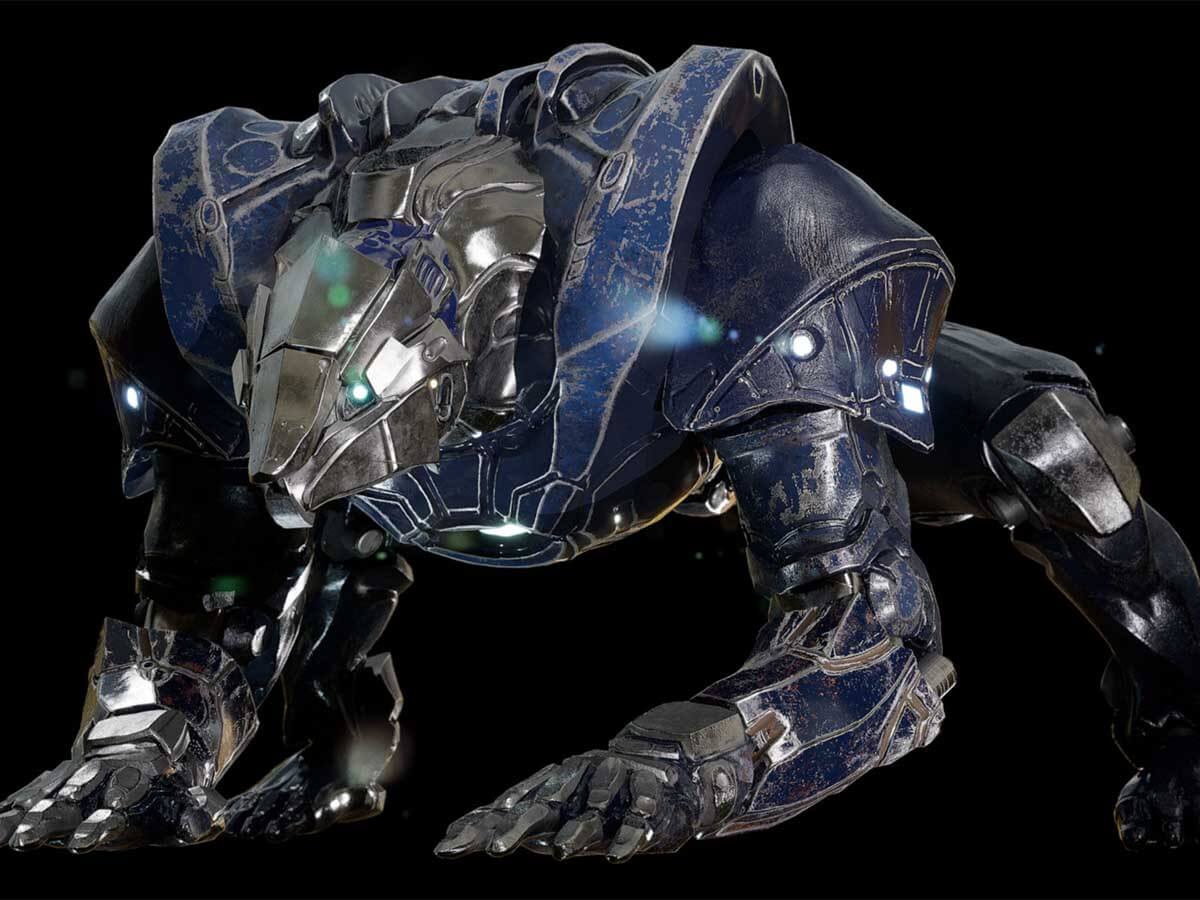 A buff robotic dog made of blue and silver steel.