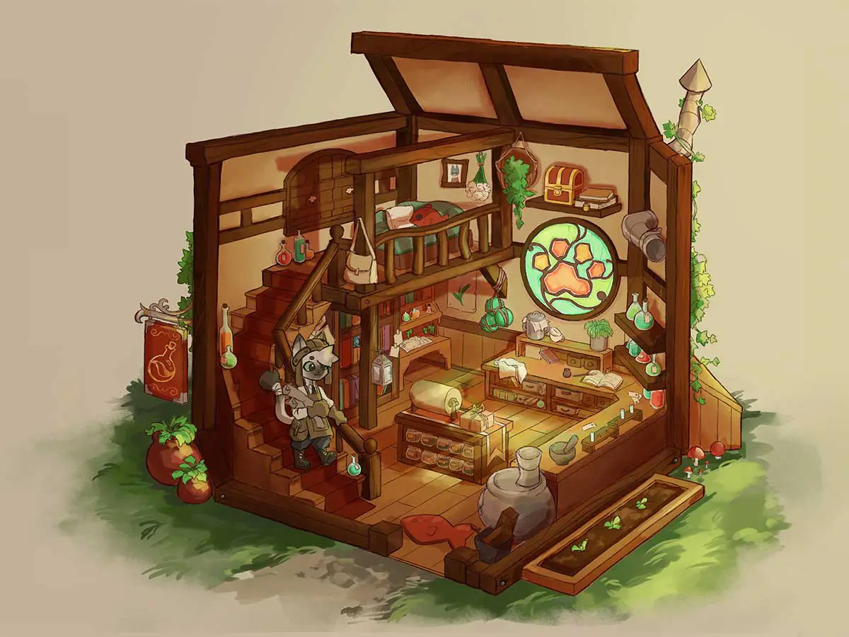 A drawing of a diorama of a fantasy apothecary.
