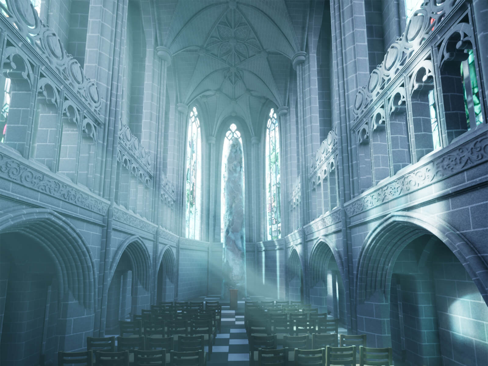 A cathedral with chairs lined up, light streaming through high windows