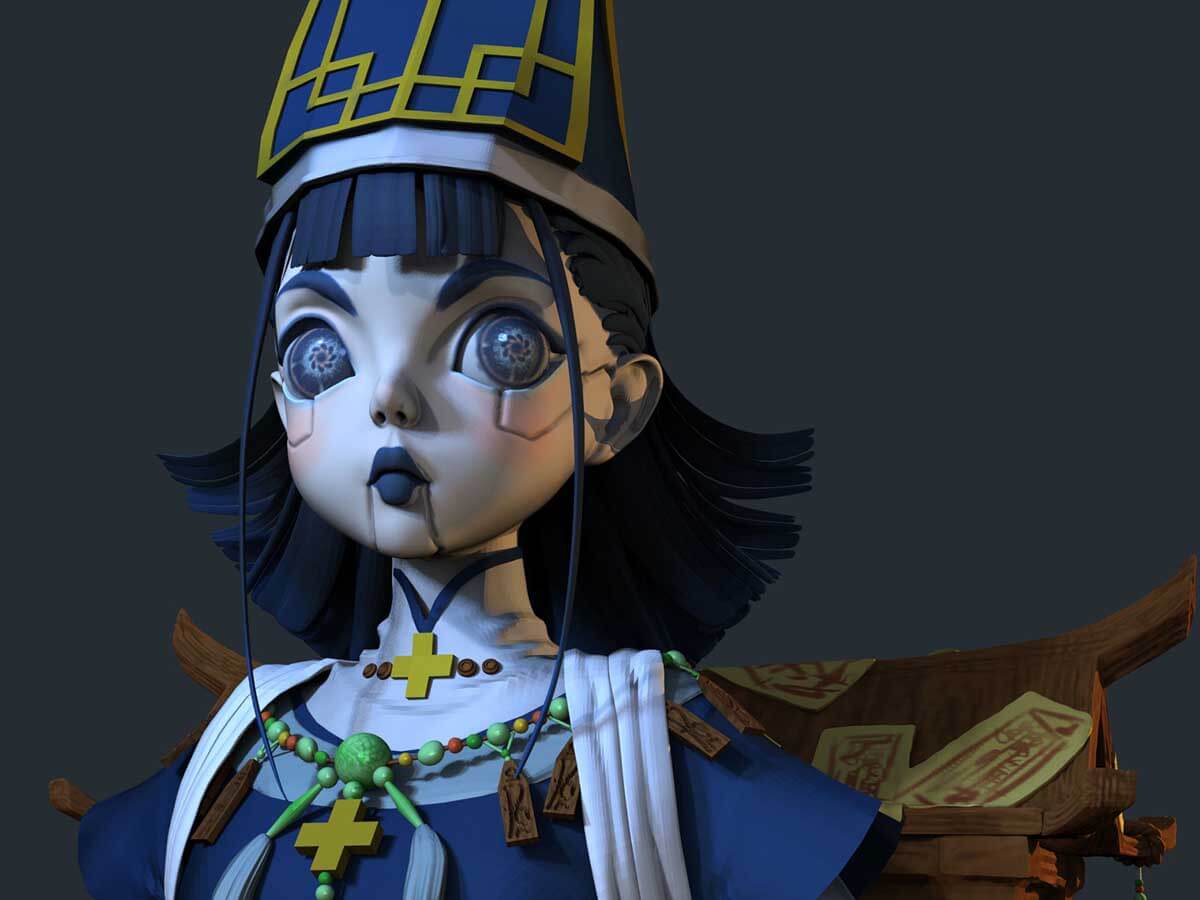 3D model of a robotic girl wearing eastern clothing.