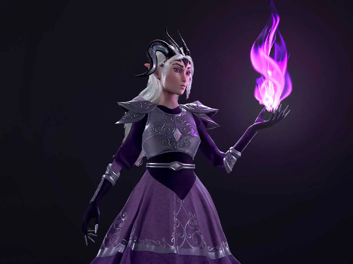 A 3D render of a woman with horns in armor casting purple fire.