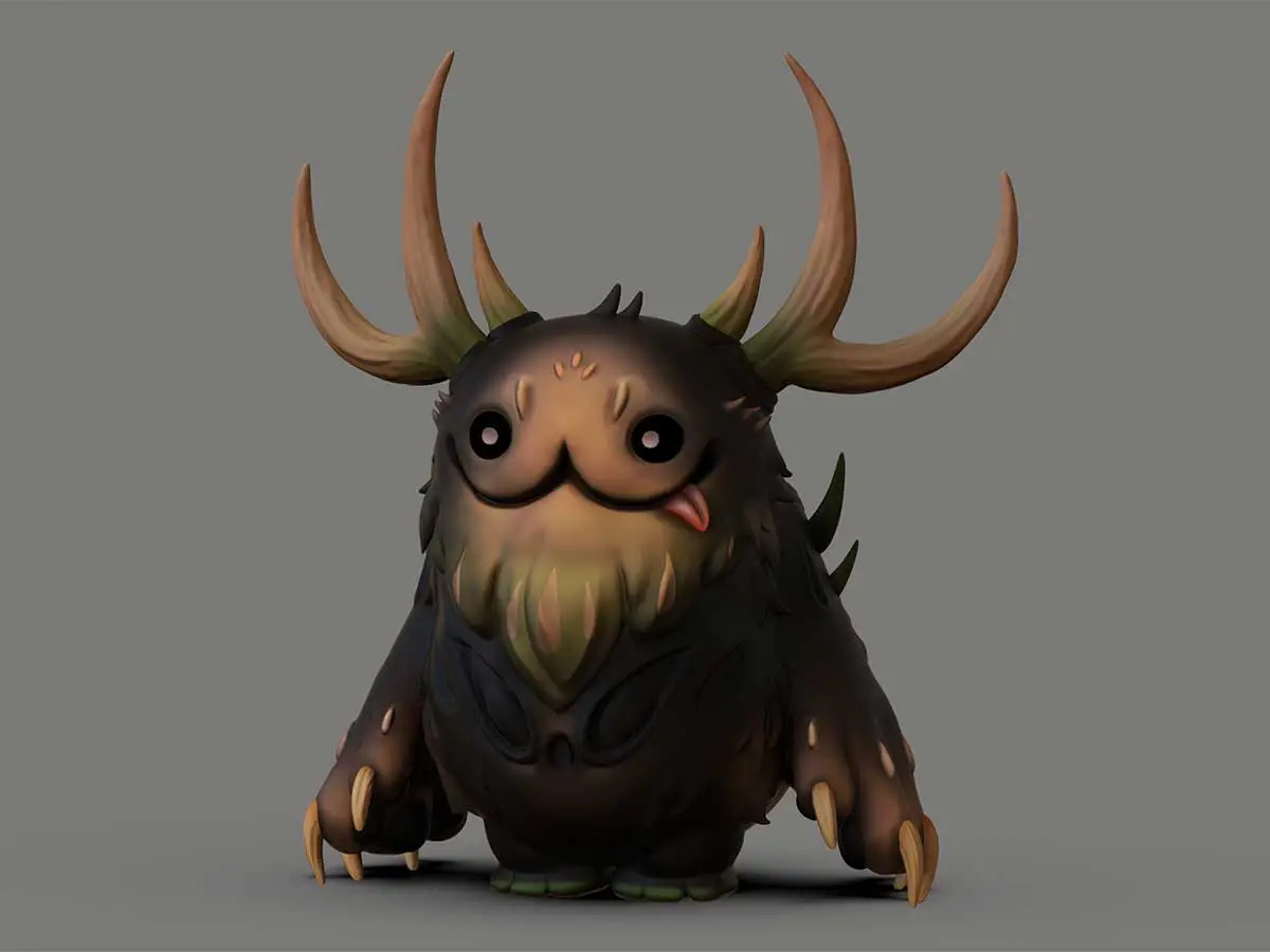 A 3D render of a small furry creature with antlers.