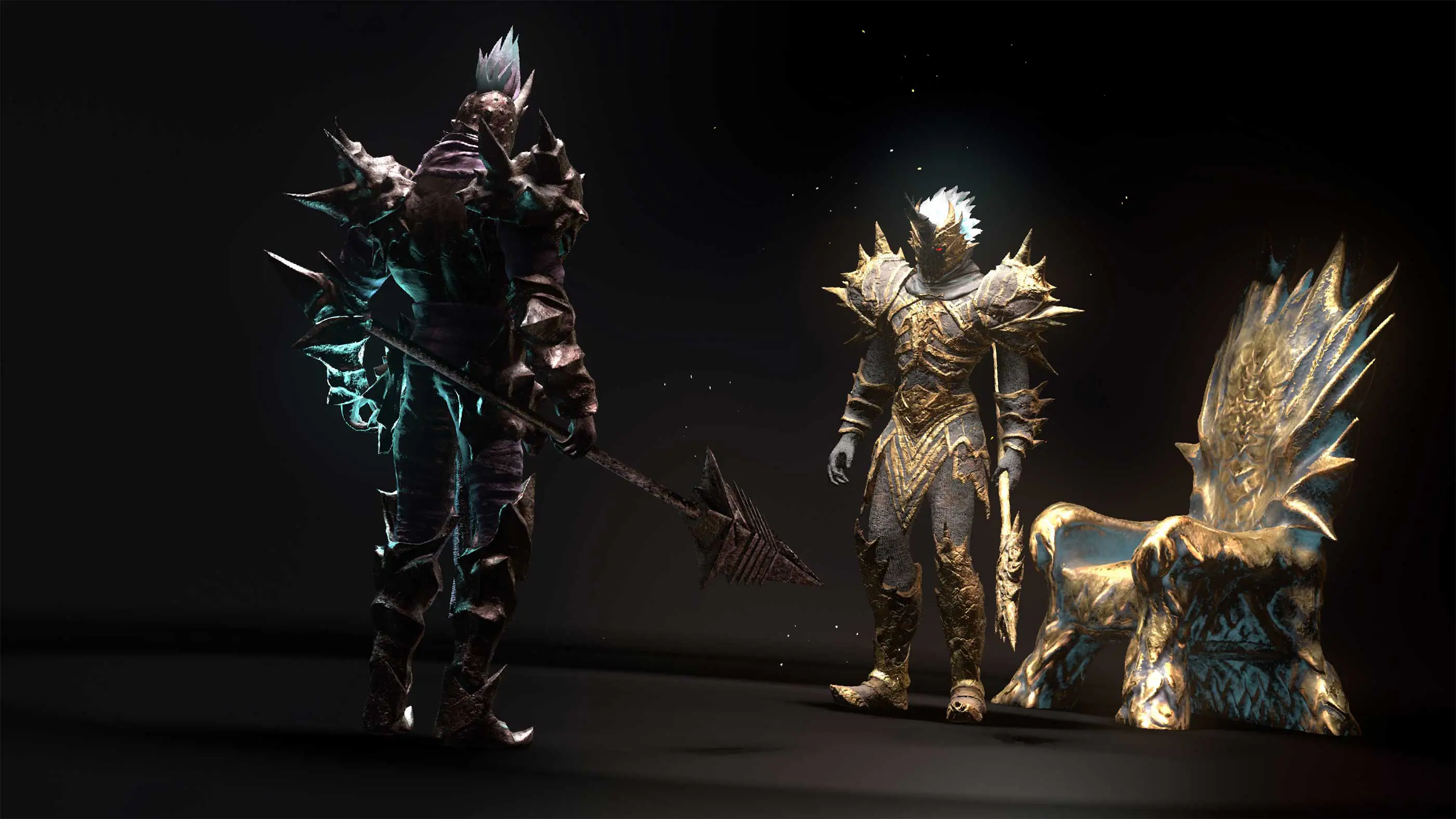 A 3D render of two fantasy knights and a golden throne.