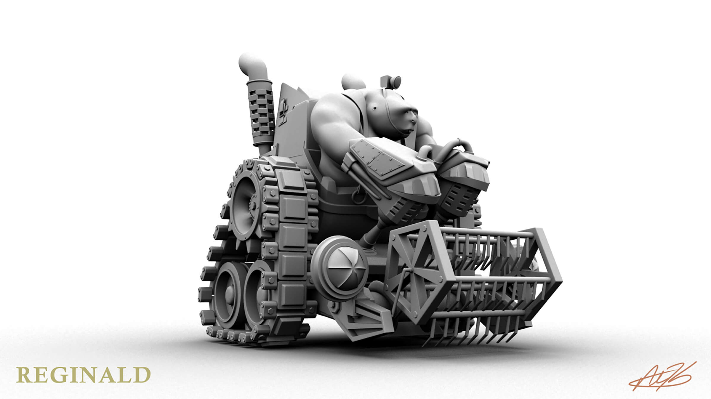 computer-generated 3D model of a muscular male character sitting in a tank-like vehicle