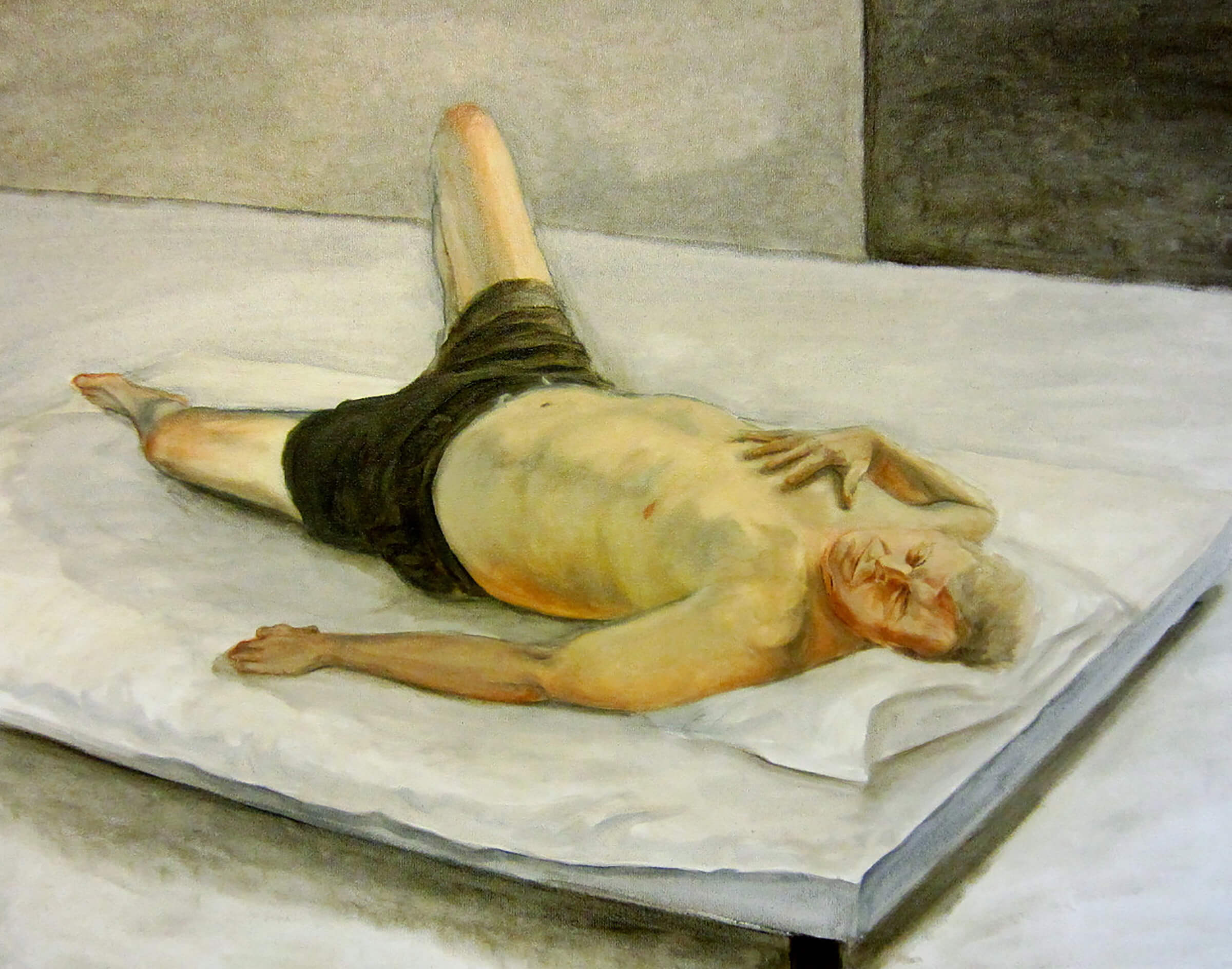 traditional painting of a bare-chested older man lying on a mattress
