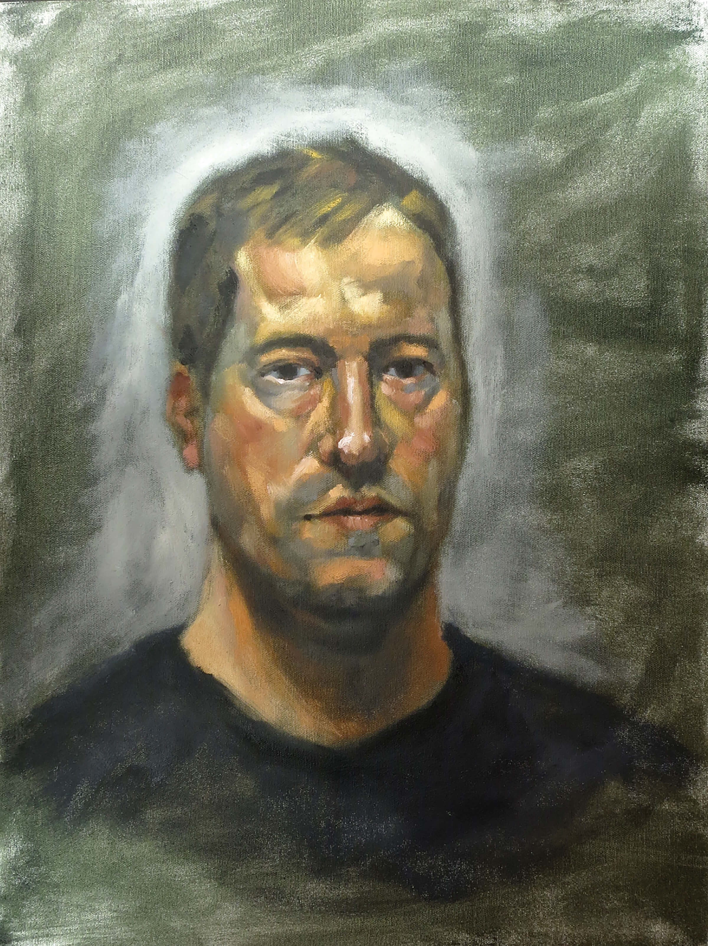 traditional painting self-portrait of the artist, a man in a black t-shirt