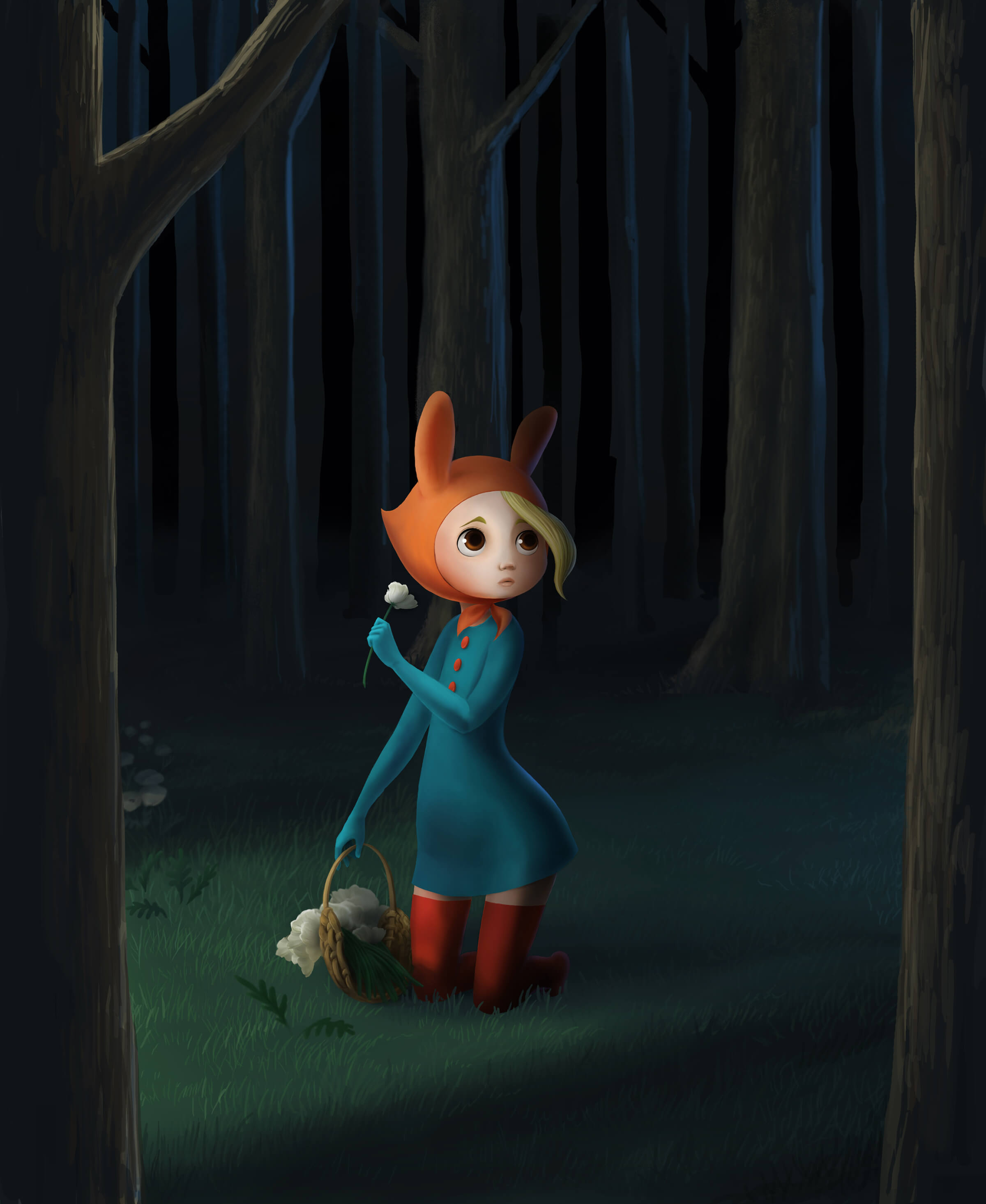 digital painting of a fearful girl in a dark forest wearing a red, bunny-eared bonnet and carrying a basket of white flowers