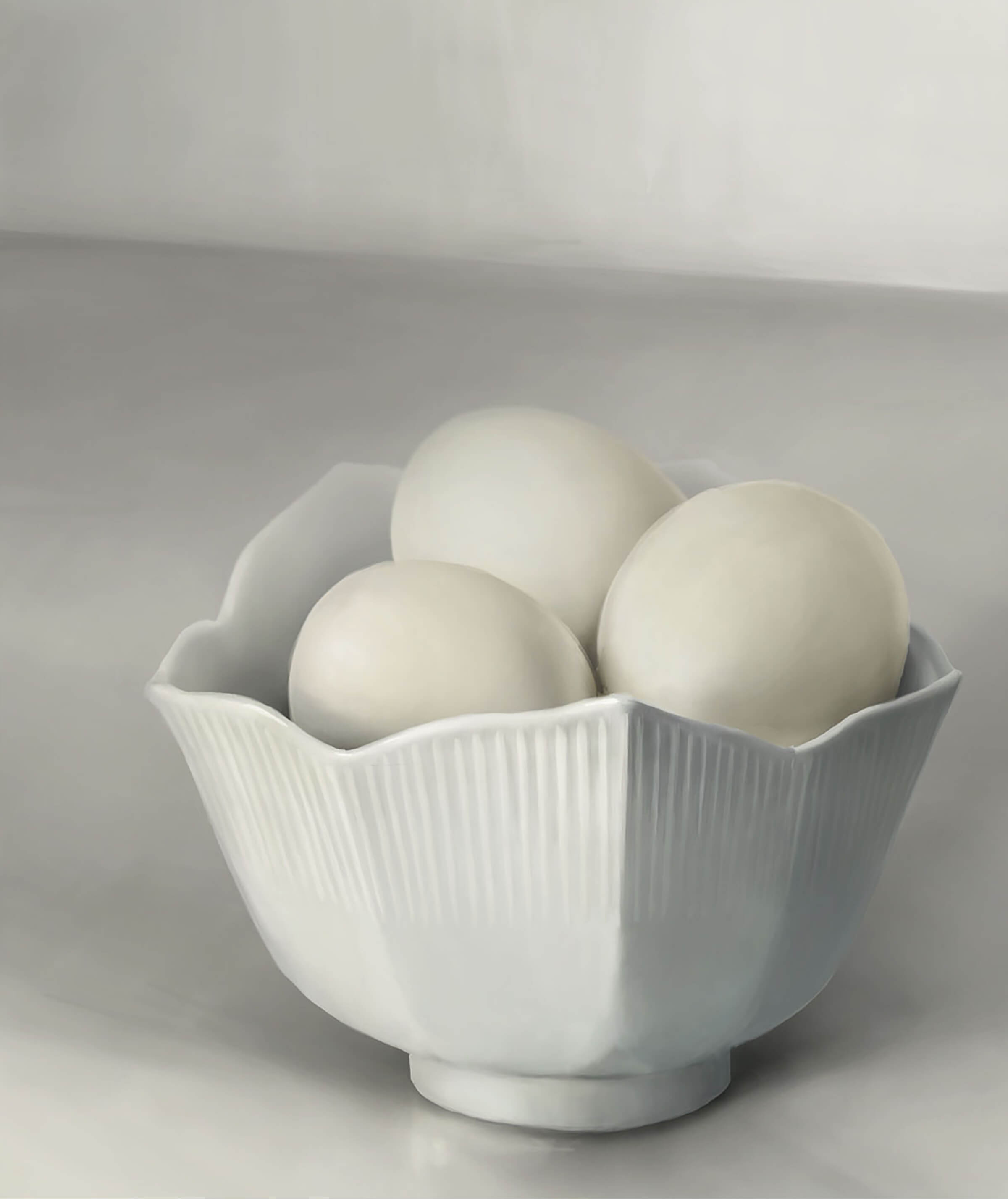 still-life traditional painting of a white bowl filled with 3 eggs