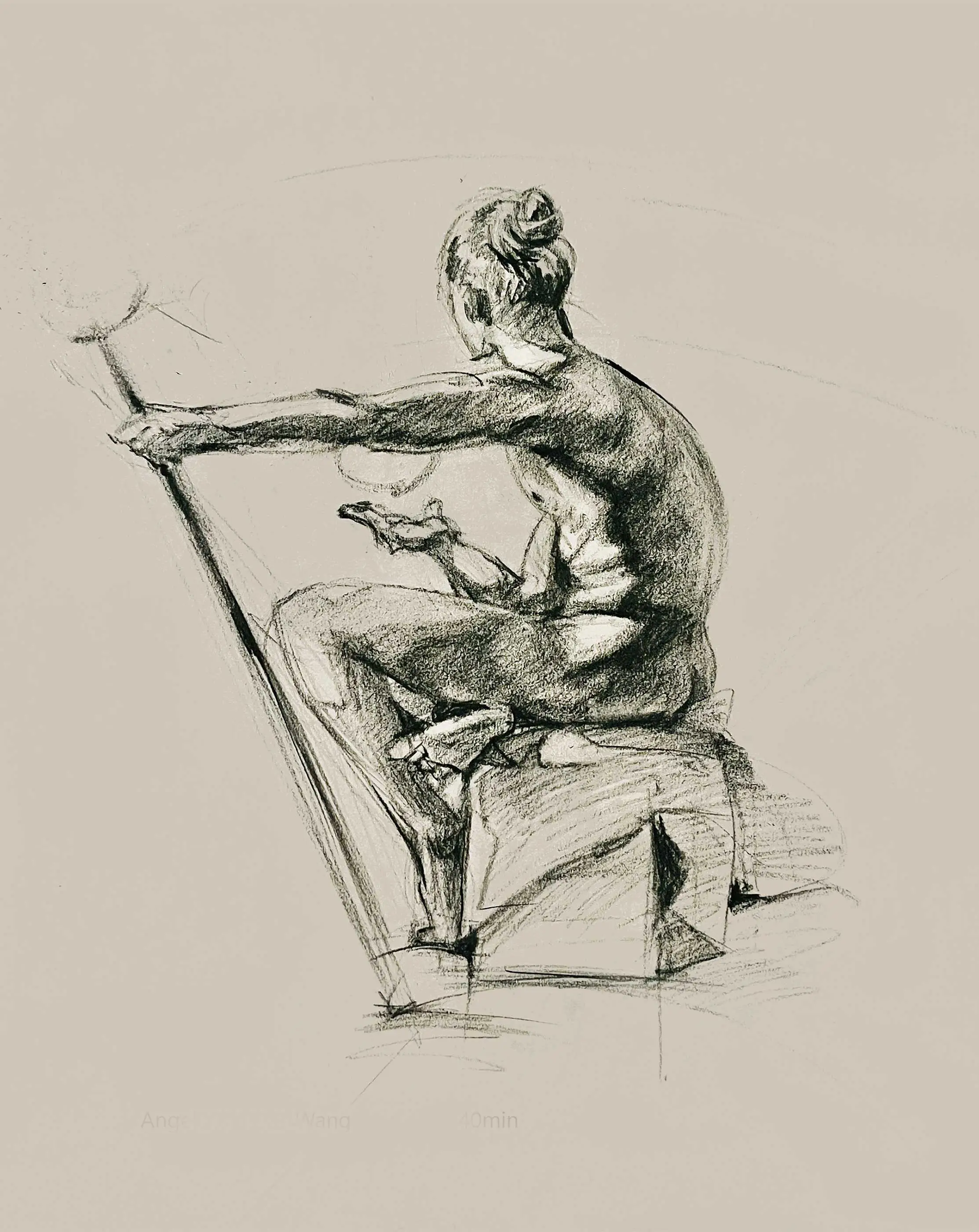 A sketch of a man sitting on a box, holding a staff.