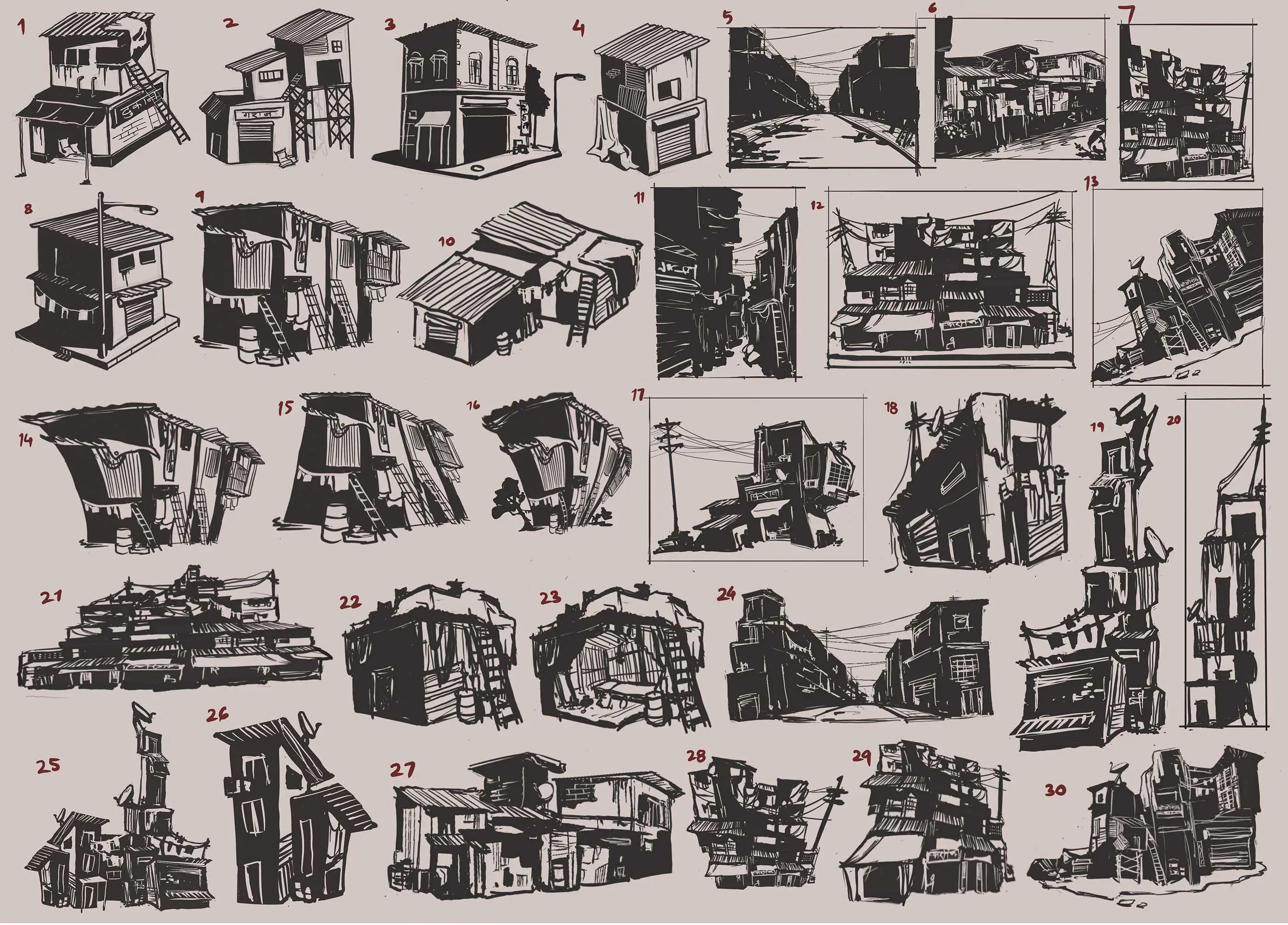 A collection of sketches depicting various shack like structures.