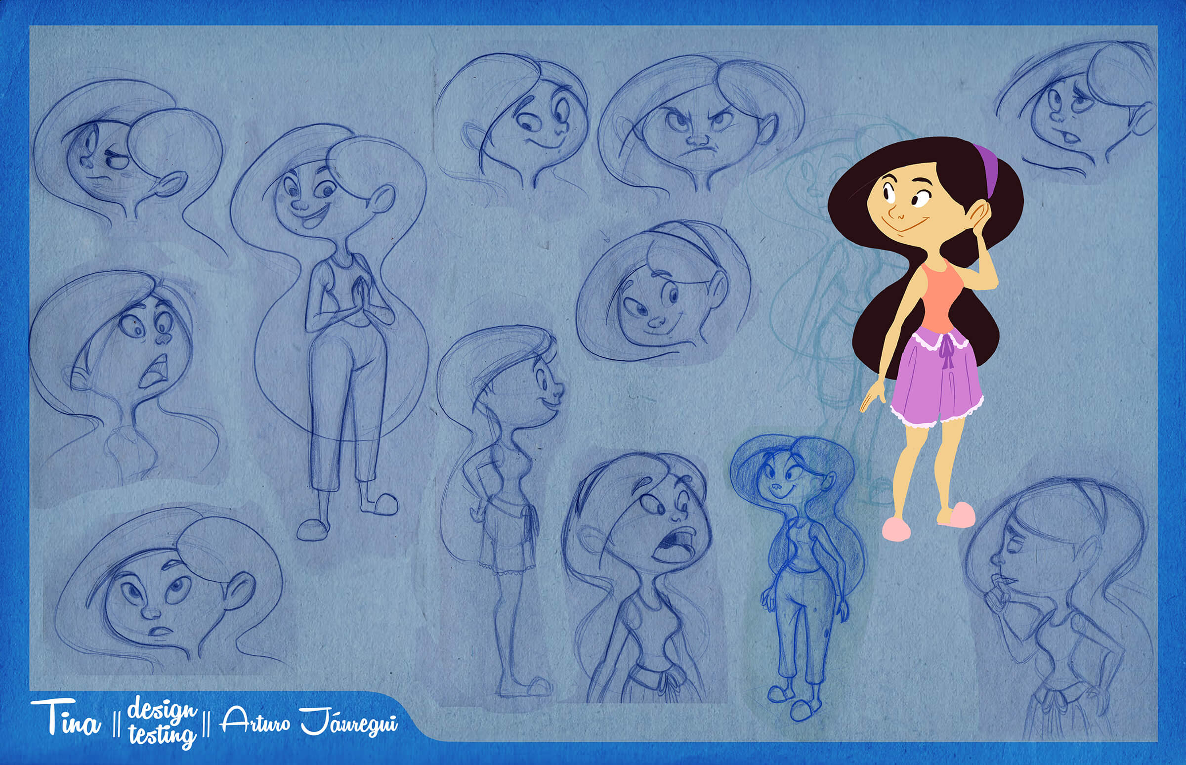 digital painting of the various facial expressions and gestures of a character named Tina with long black hair