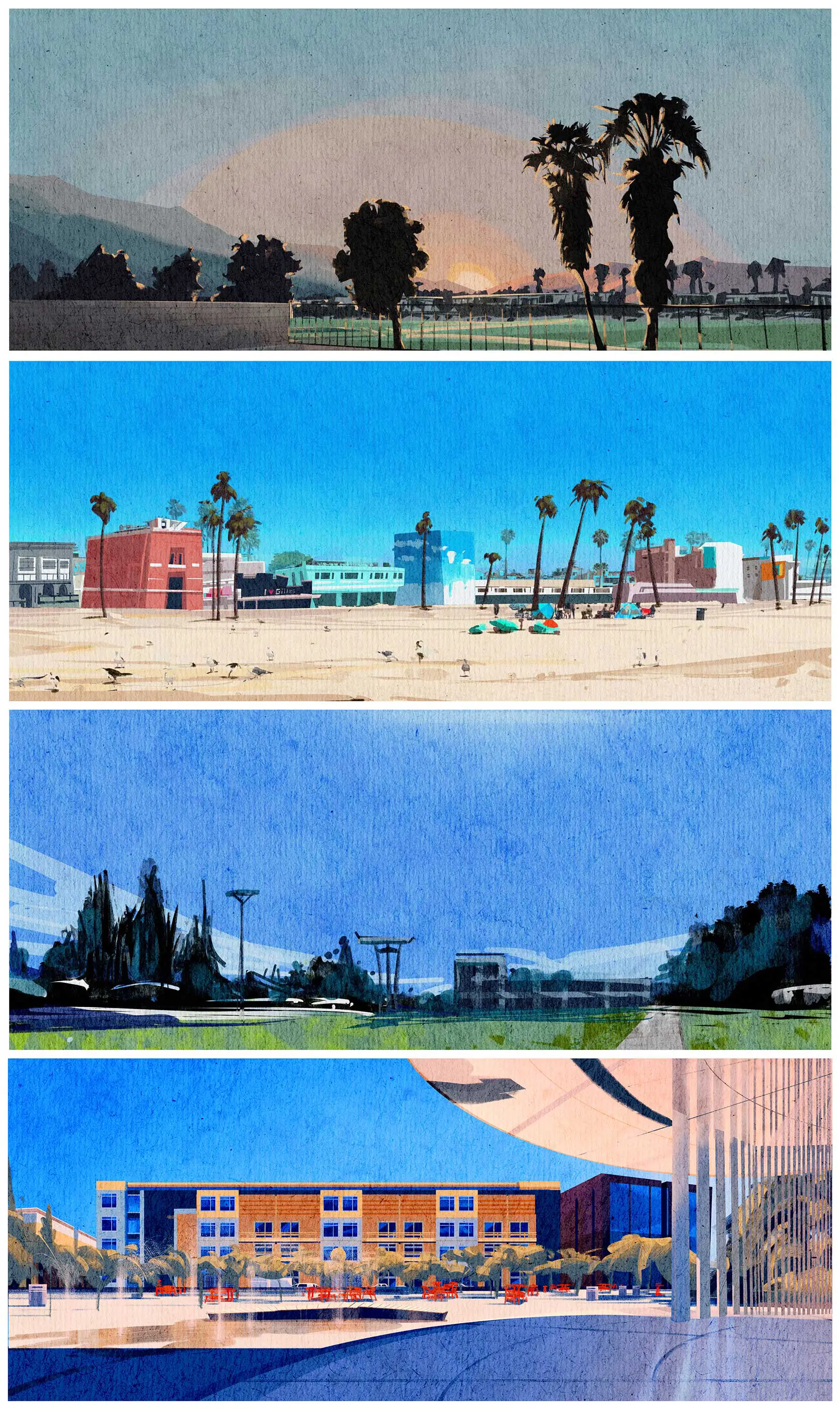 Paintings of different city landmarks.