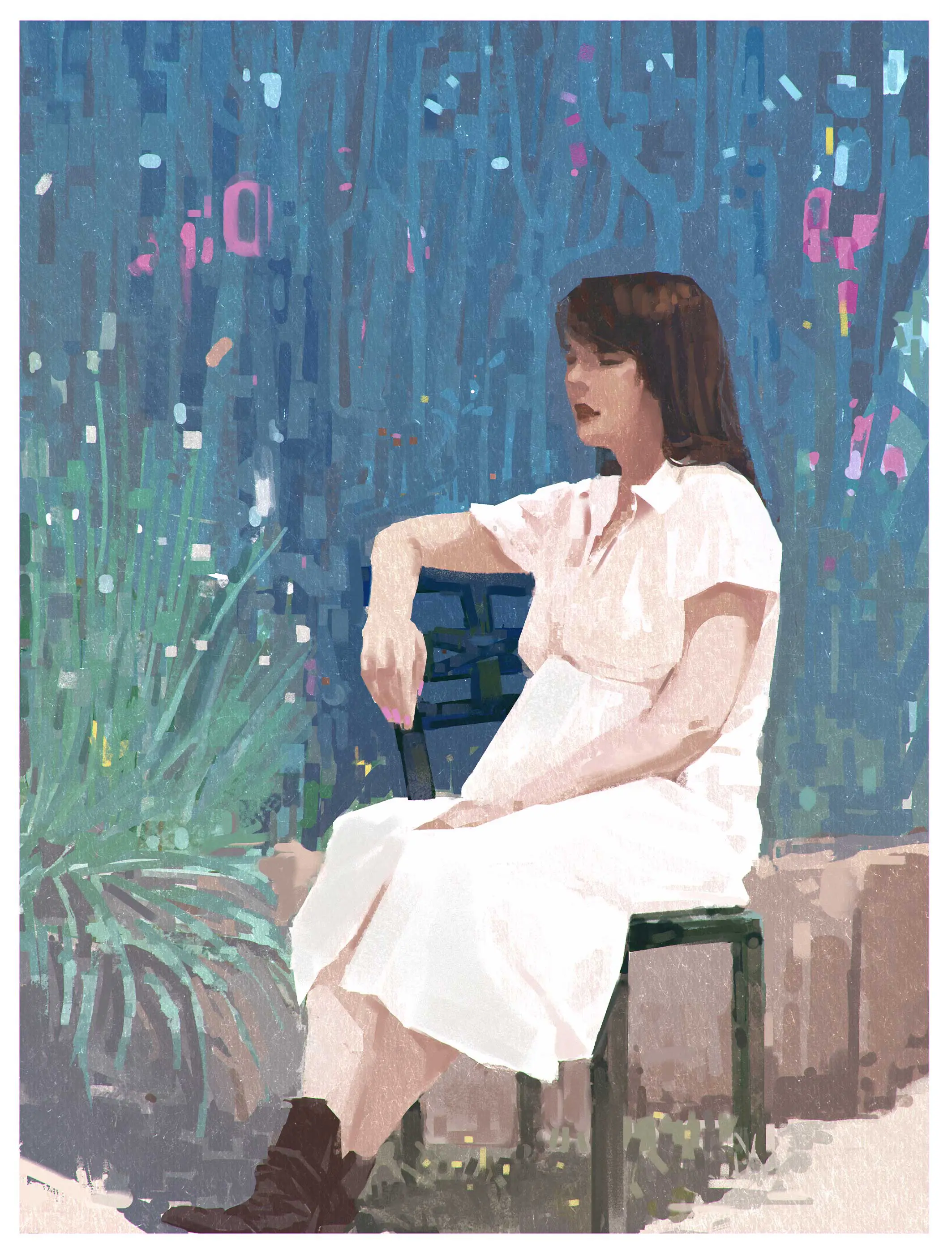 A painting of a woman sitting sideways in a chair.