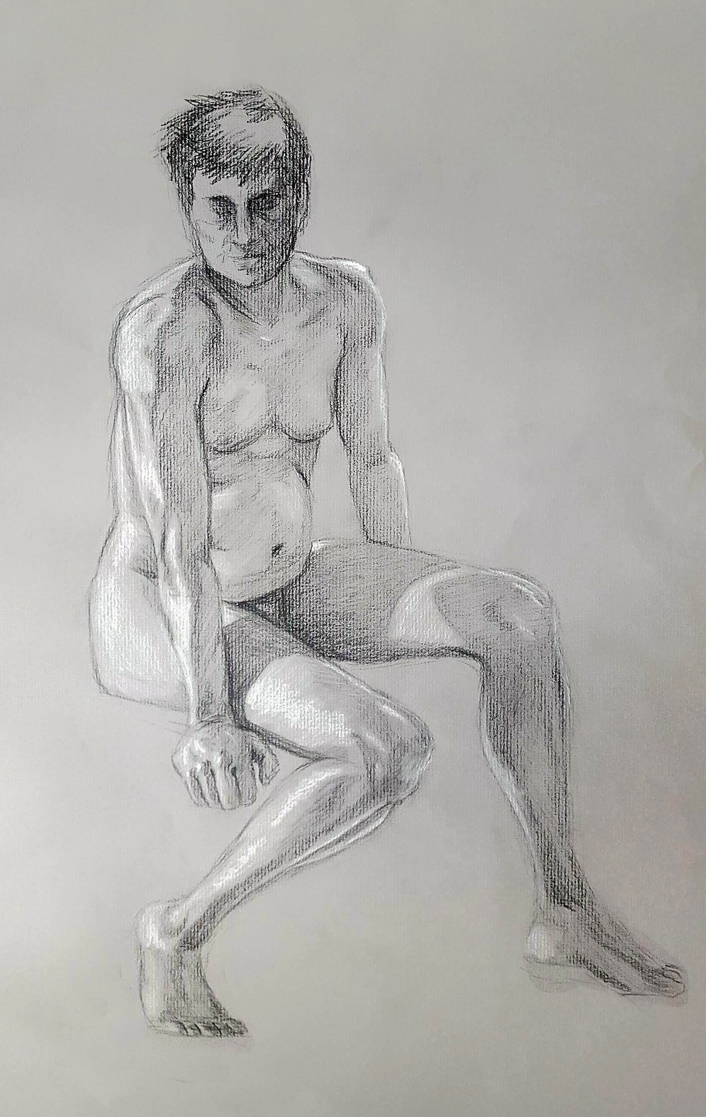 A black-and-white sketch of a naked man posed in a seated position glancing downward.