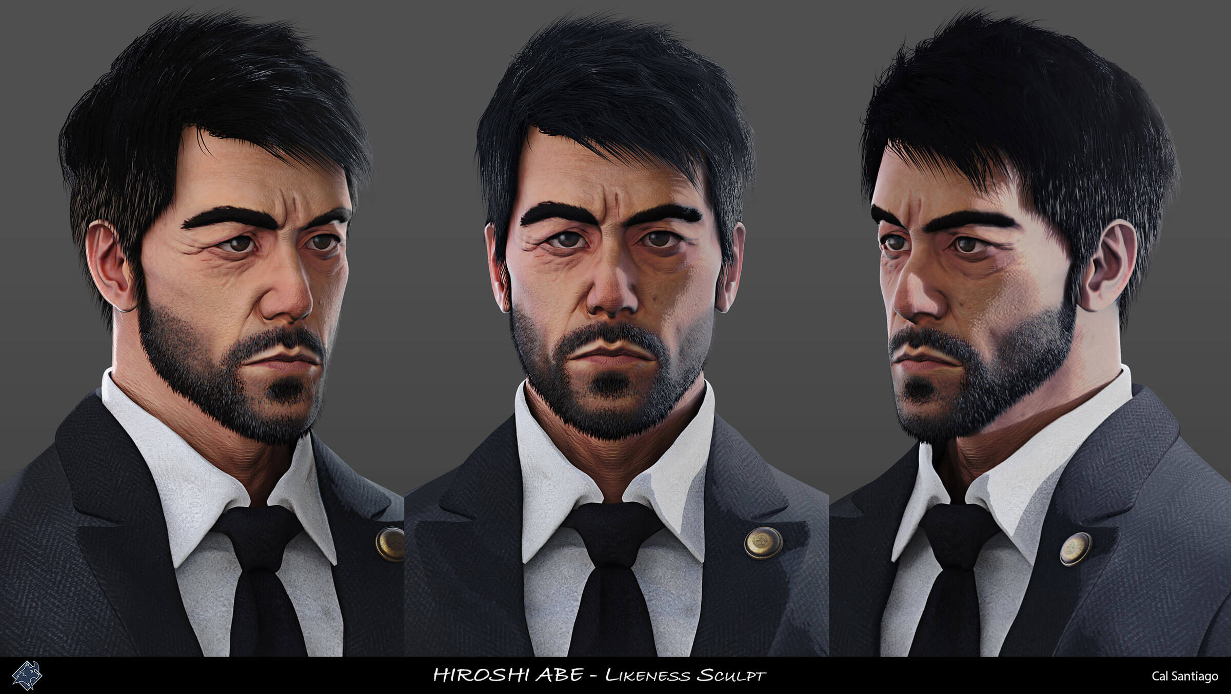 Three views of a close up of a black-haired bearded man in a charcoal suit and black tie looking straight ahead.