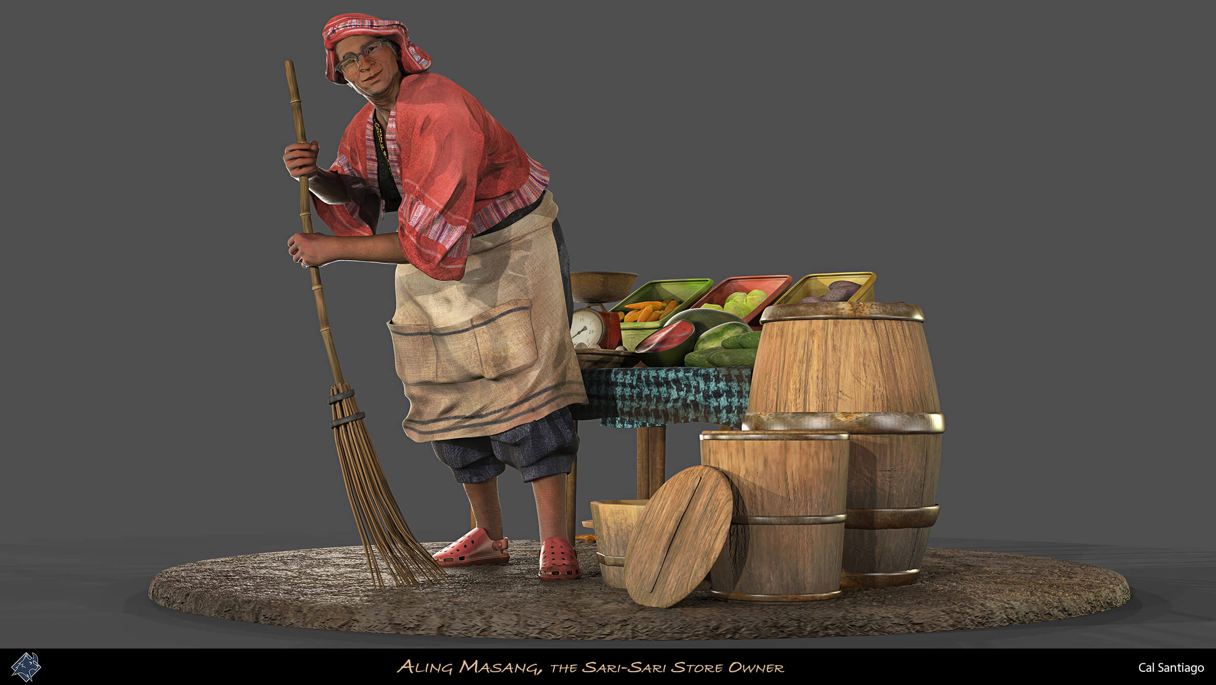 A shopkeeper wearing crocs and a linen apron sweeps with a simple bamboo broom next to a small table of vegetables.