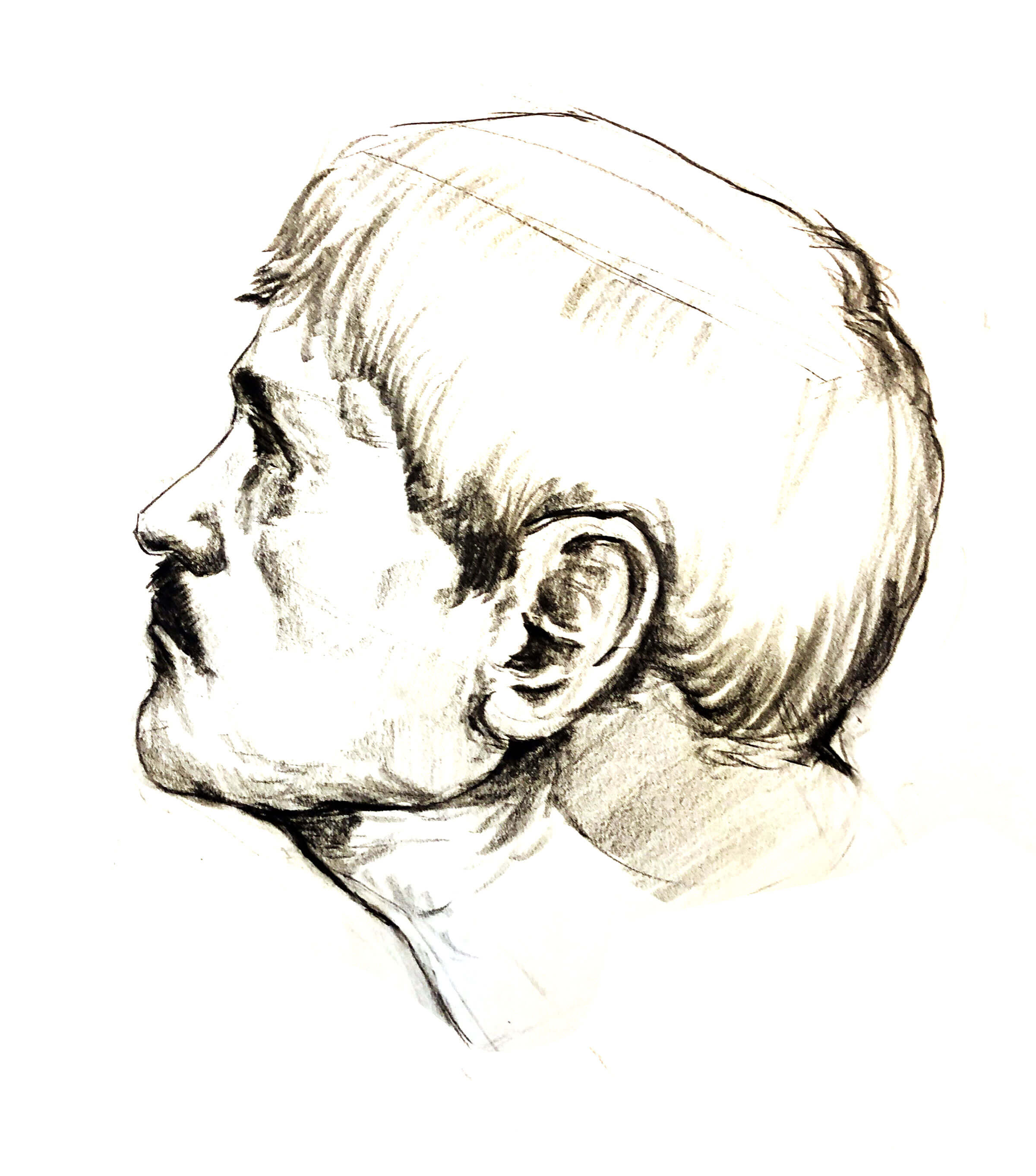 Black-and-white sketch of a mustached man looking up and to the left, away from the viewer.