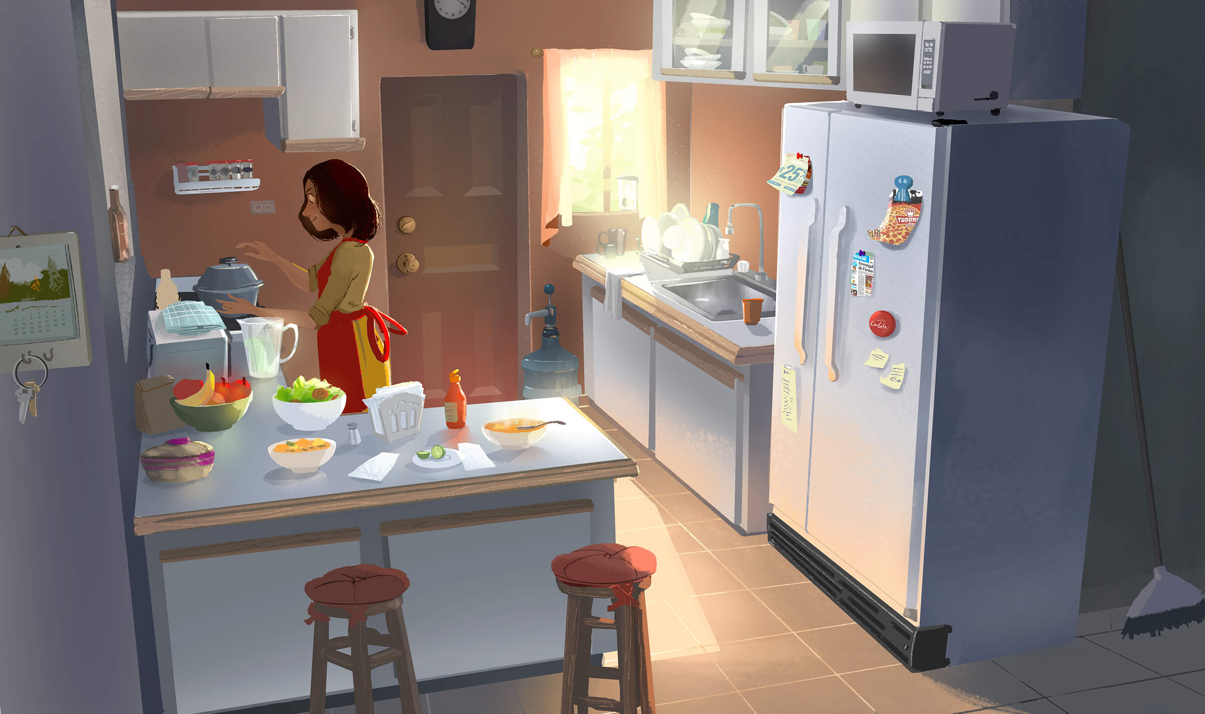 digital painting of a woman cooking at the stove in a small kitchen