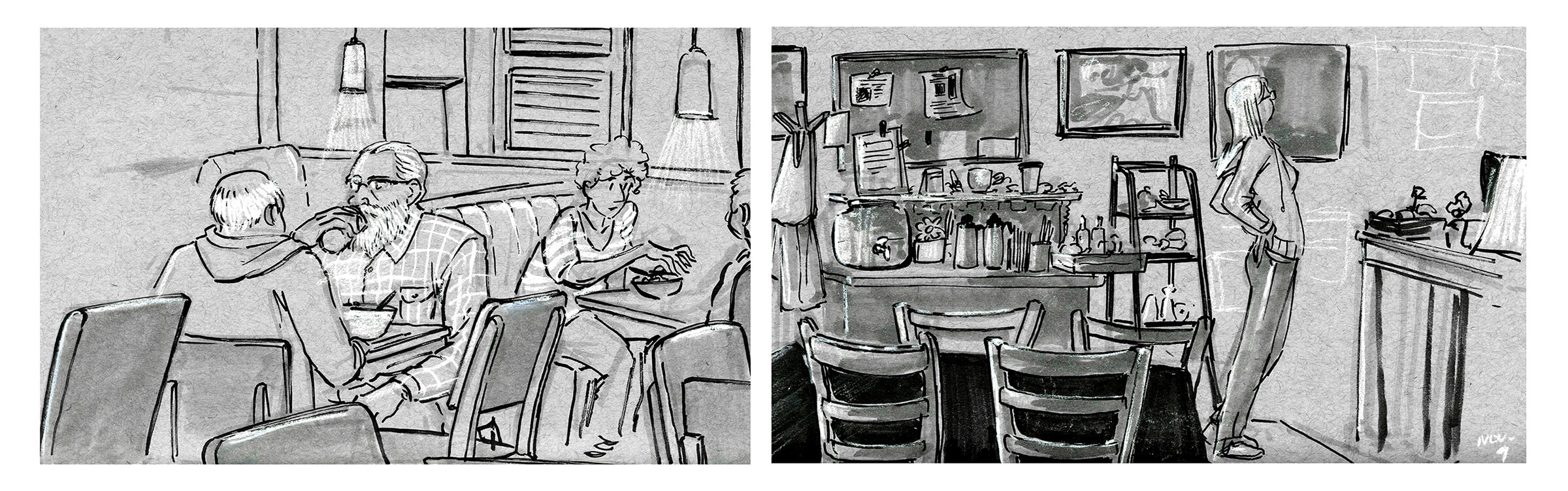 black and white drawings of a coffee shop, featuring patrons drinking coffee and analyzing the menu at the check-out counter