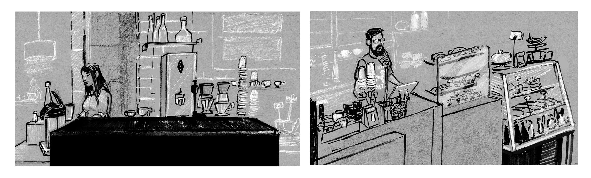 black and white drawings of a coffee shop, featuring baristas making coffee and operating the cash register