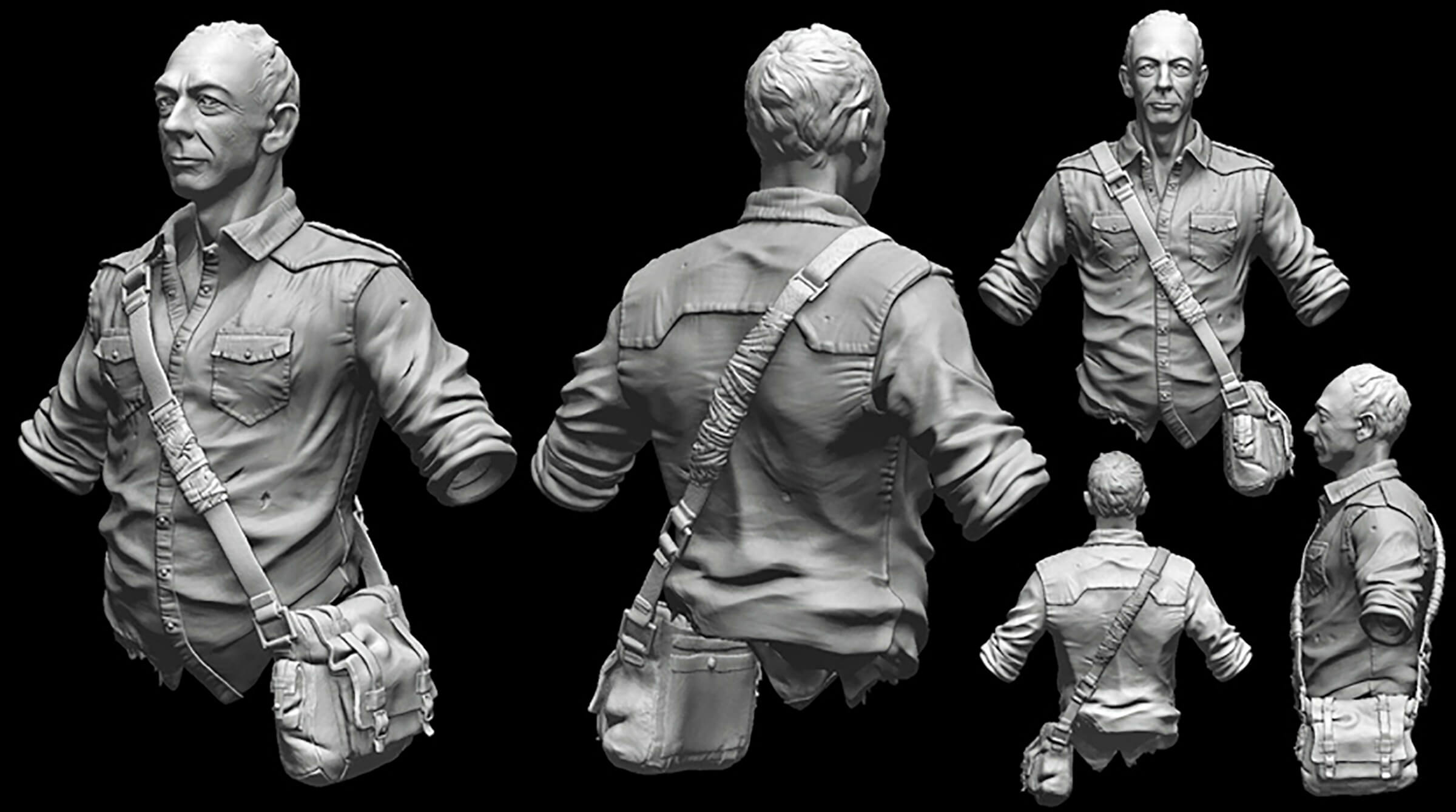 computer-generated 3d models of an older man in a safari shirt with a small messenger bag slung across his chest