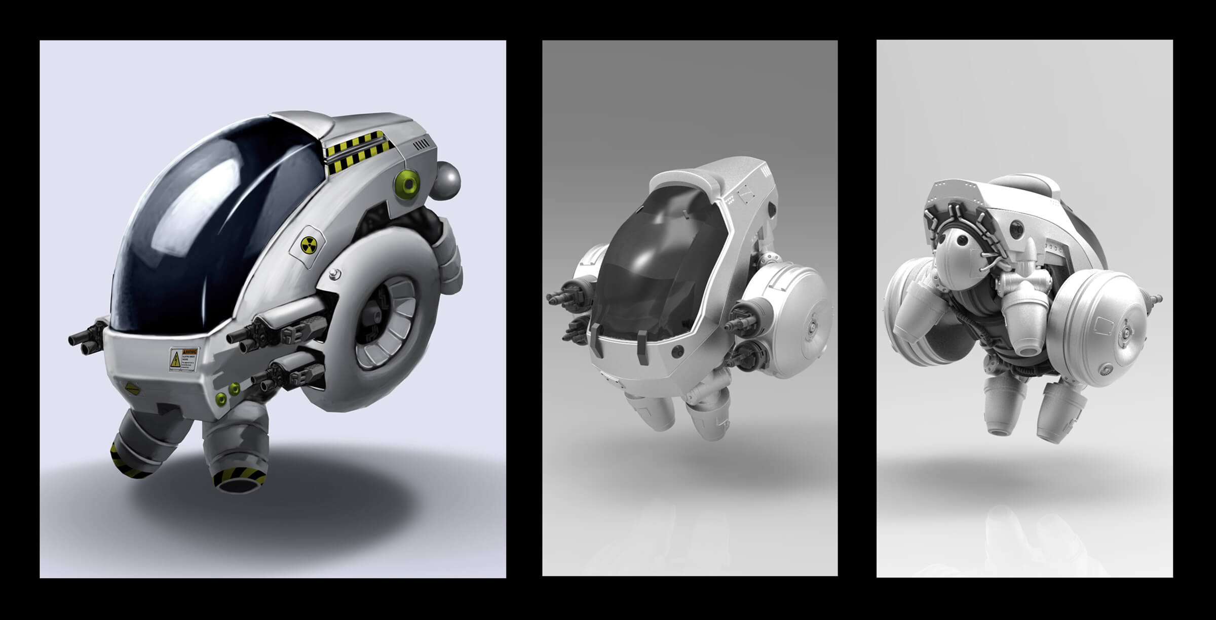 computer-generated 3D model of a robot vehicle that is reminiscent of a turtle